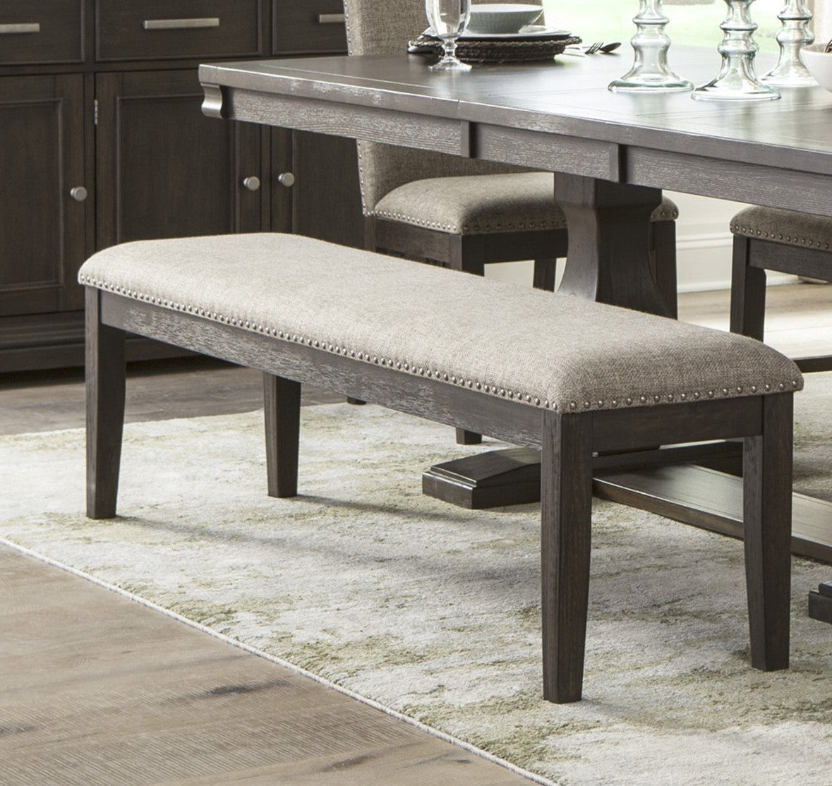 Traditional Style Wood Framed 1Pc Bench Upholstered Naihead Trim Wire Brushed Rustic Brown Finish Dining Room Furniture Brown Mix Dining Room Traditional Wood
