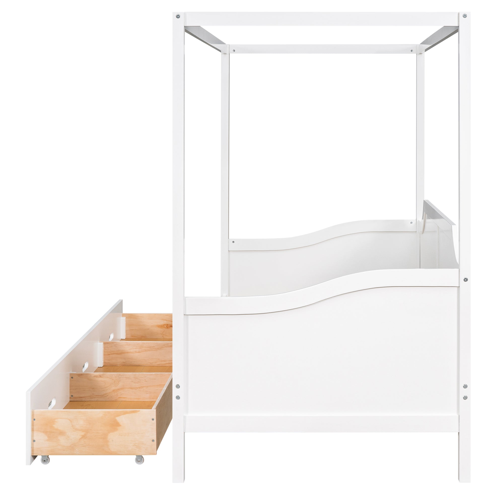 Twin Size Wooden Canopy Daybed With 3 In 1 Storage Drawers,White White Pine