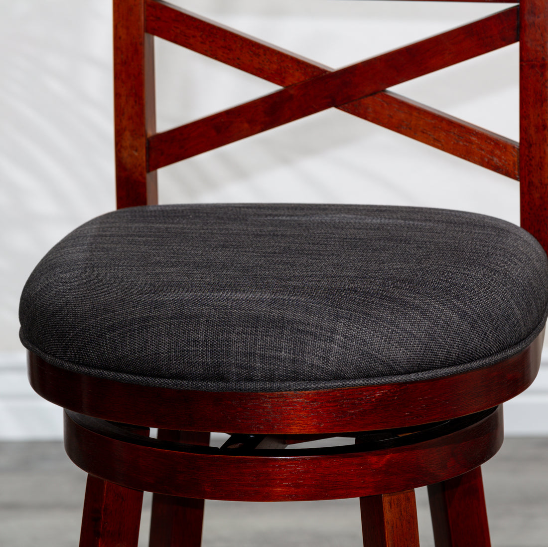 30" Bar Height X Back Swivel Stool, Stool, Cherry Finish, Charcoal Fabric Seat Cherry Fabric