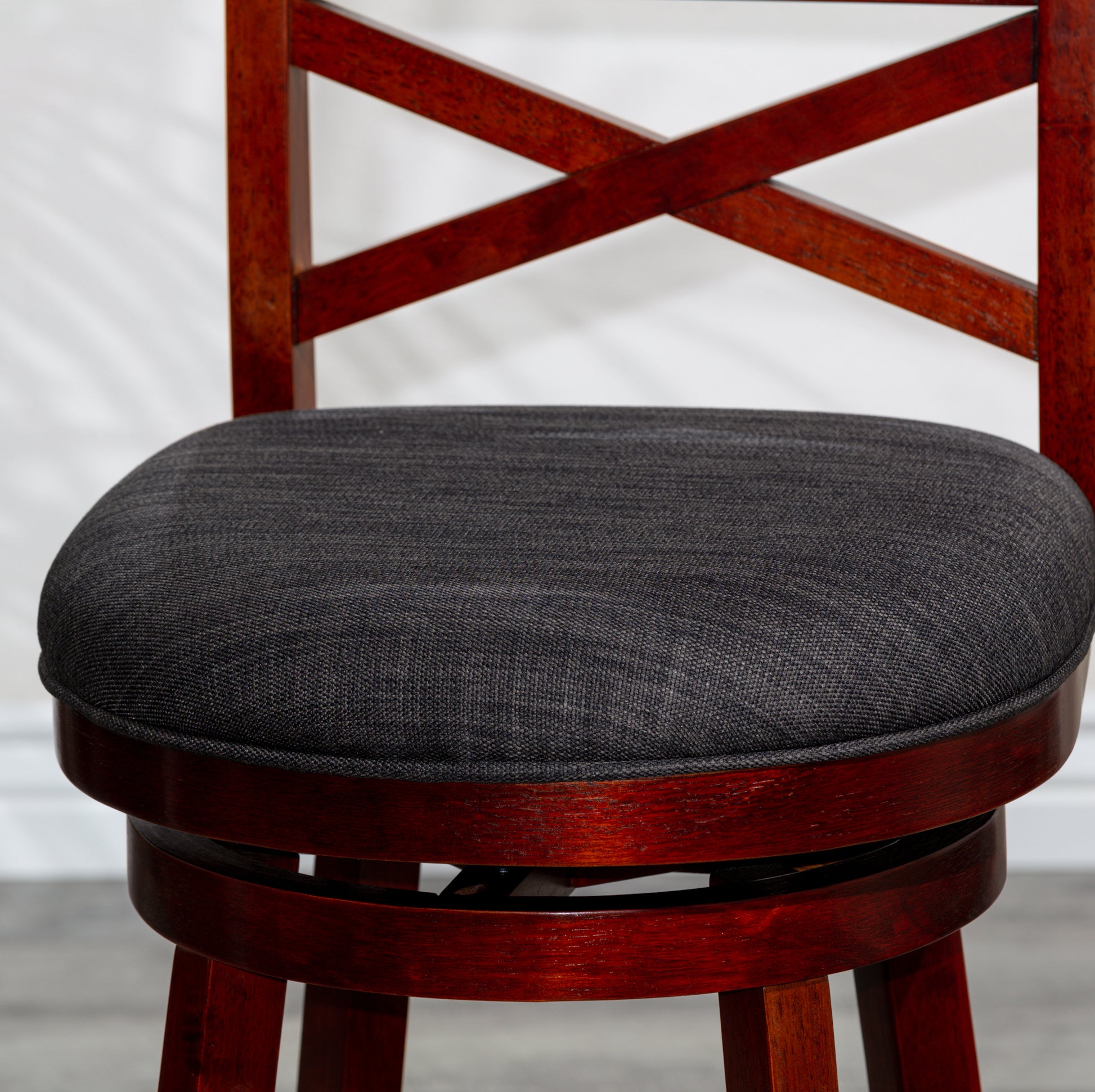 30" Bar Height X Back Swivel Stool, Stool, Cherry Finish, Charcoal Fabric Seat Cherry Fabric