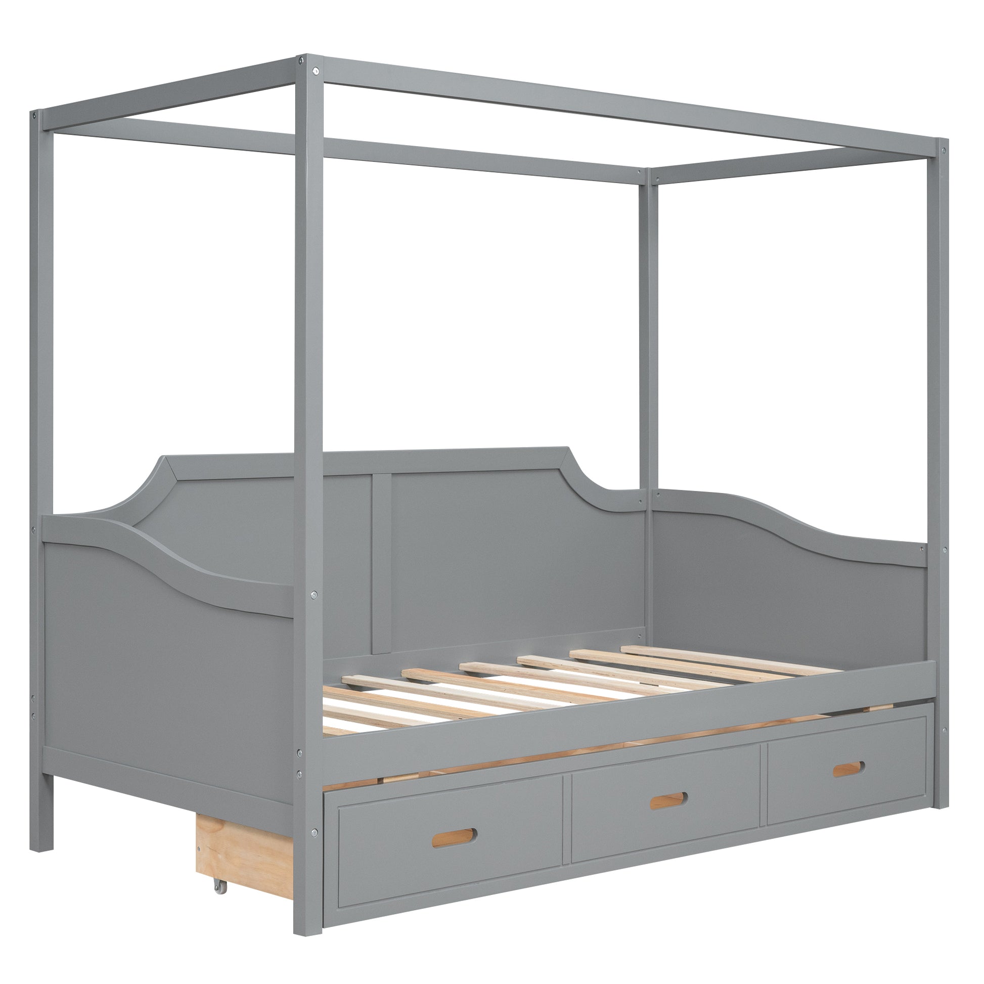 Twin Size Wooden Canopy Daybed With 3 In 1 Storage Drawers,Grey Grey Pine