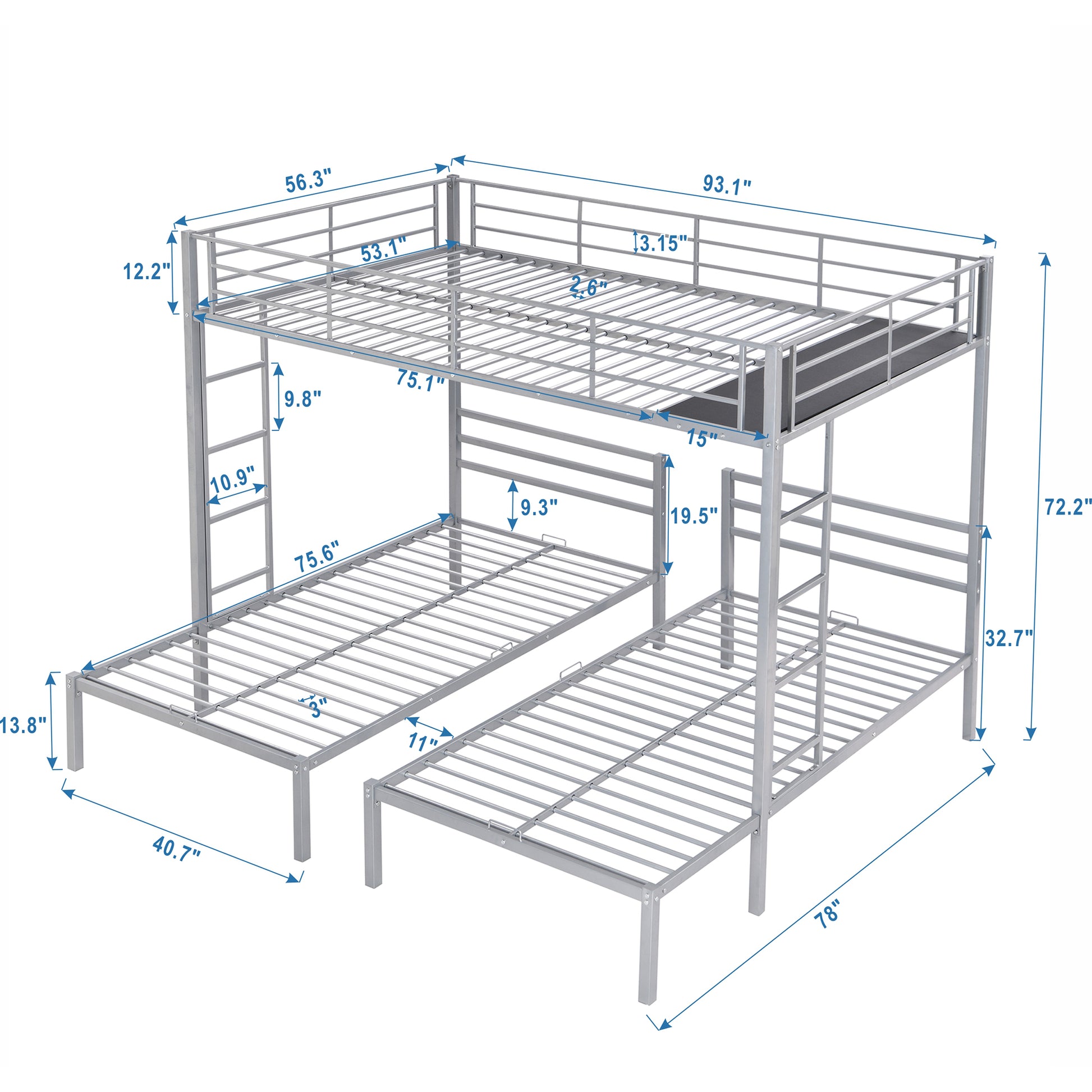 Full Over Twin&Twin Size Bunk Bed With Built In Shelf, Silver Full Silver Metal