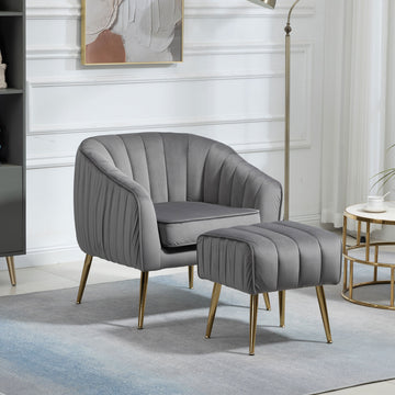 Velvet Accent Chair With Ottoman, Modern Tufted Barrel Chair Ottoman Set For Living Room Bedroom, Golden Finished, Grey Grey Foam Velvet