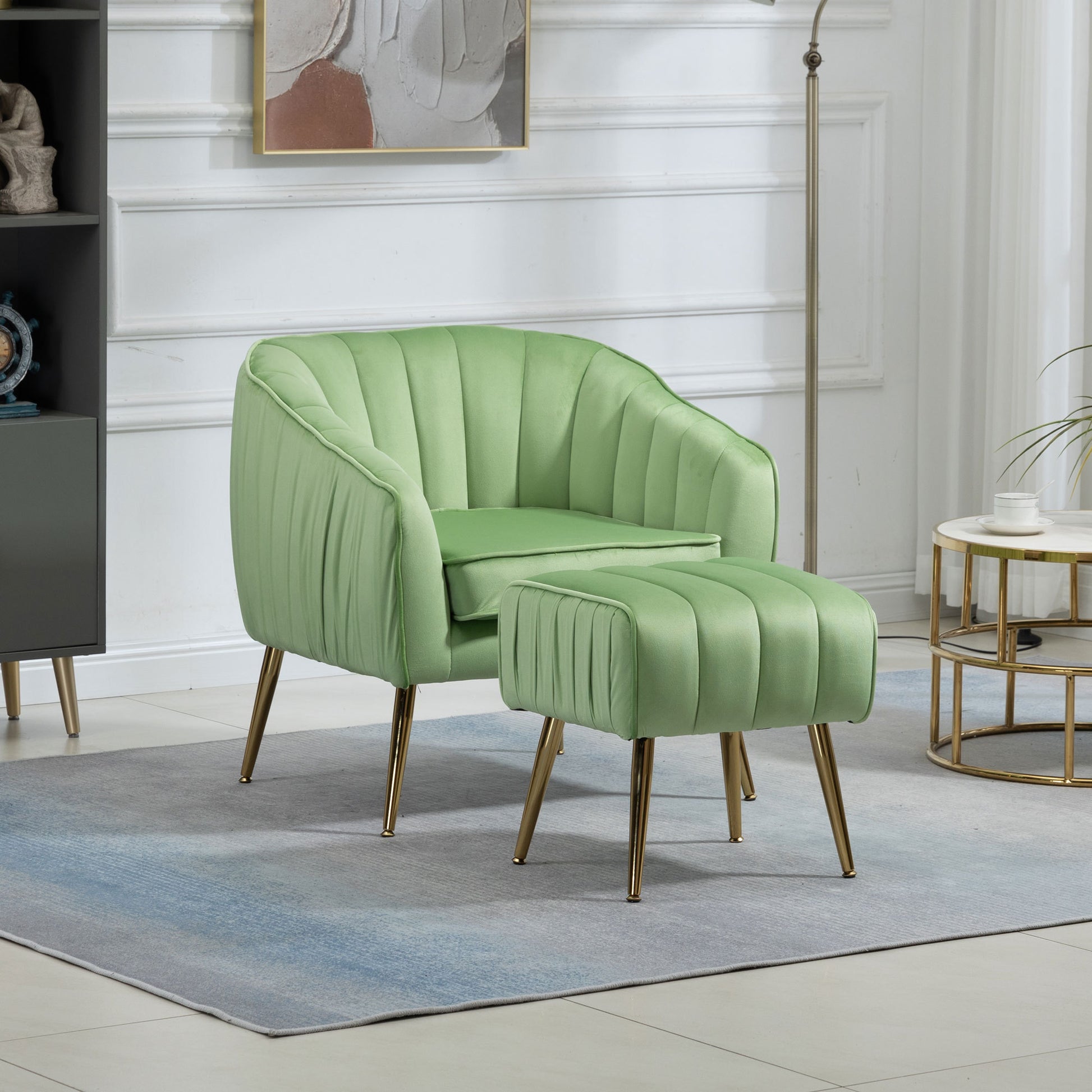 Velvet Accent Chair With Ottoman, Modern Tufted Barrel Chair Ottoman Set For Living Room Bedroom, Golden Finished, Grass Green Grass Green Foam Velvet