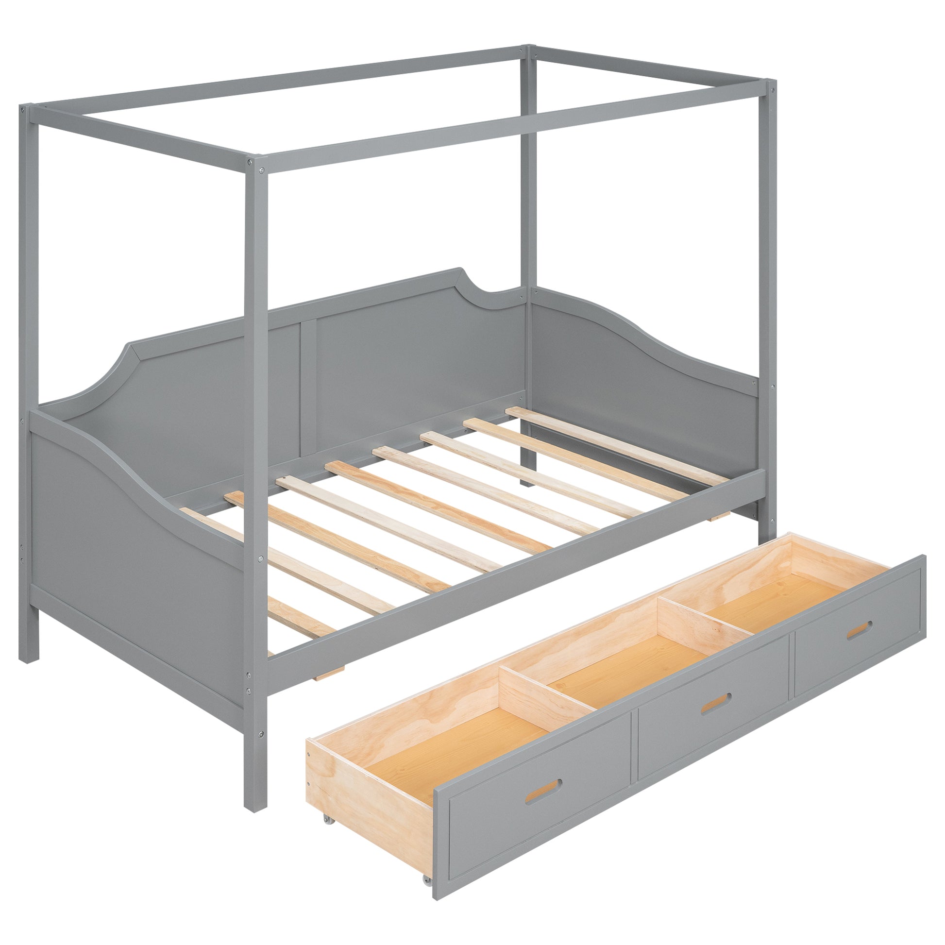 Twin Size Wooden Canopy Daybed With 3 In 1 Storage Drawers,Grey Grey Pine