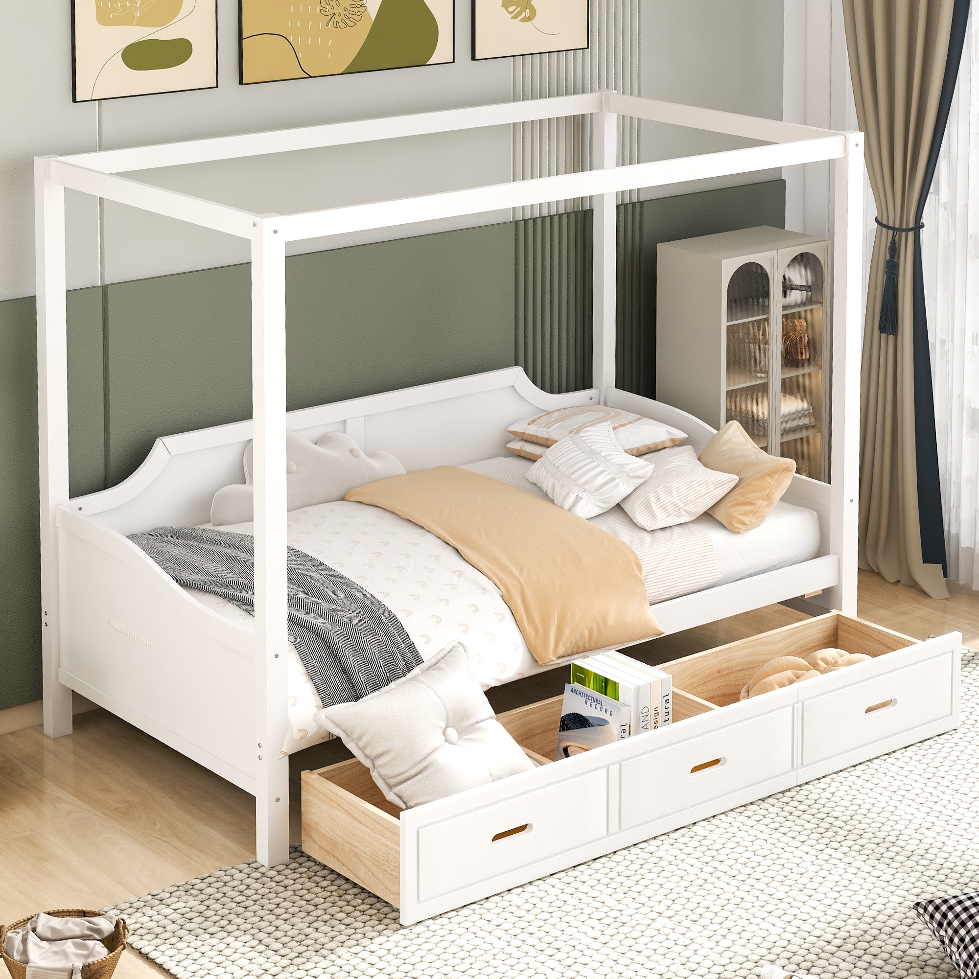 Twin Size Wooden Canopy Daybed With 3 In 1 Storage Drawers,White White Pine