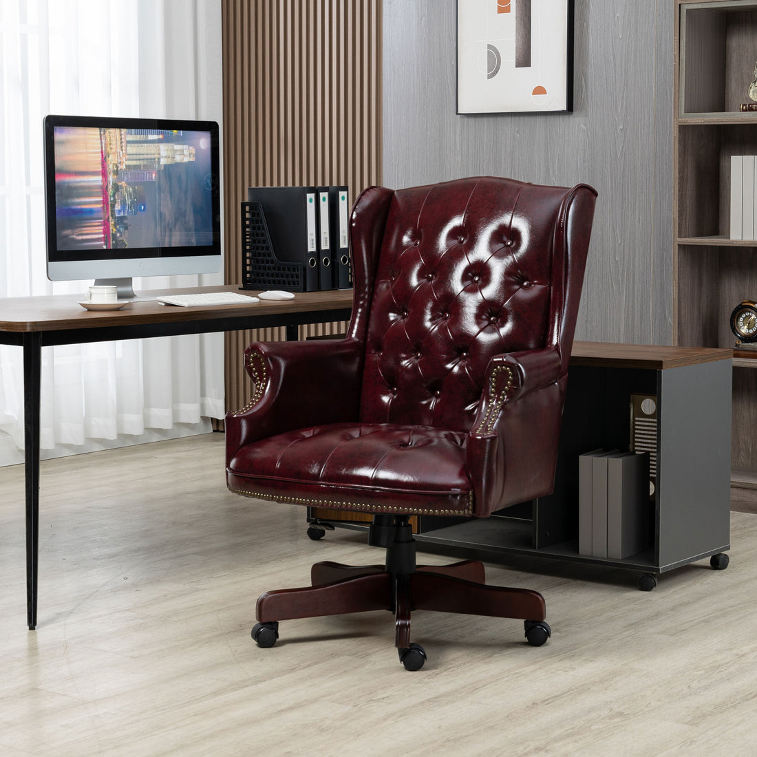 Executive Office Chair High Back Reclining Comfortable Desk Chair Ergonomic Design Thick Padded Seat And Backrest Pu Leather Desk Chair With Smooth Glide Caster Wheels, 1 Pack Burdy Burgundy Foam Pu