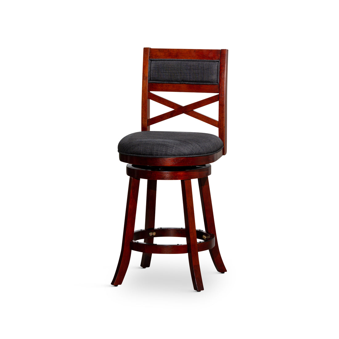 24" Counter Height X Back Swivel Stool, Cherry Finish, Charcoal Fabric Seat Cherry Fabric