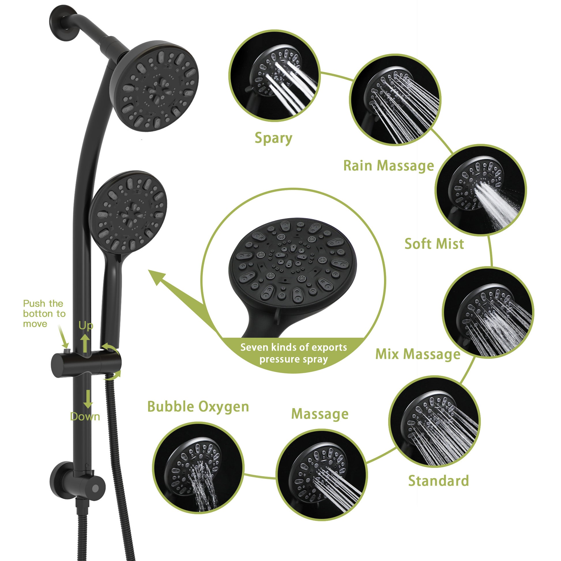 Multi Function Dual Shower Head Shower System With 4.7" Rain Showerhead, 7 Function Hand Shower, Adjustable Slide Bar,Matte Black Matte Black Plastic