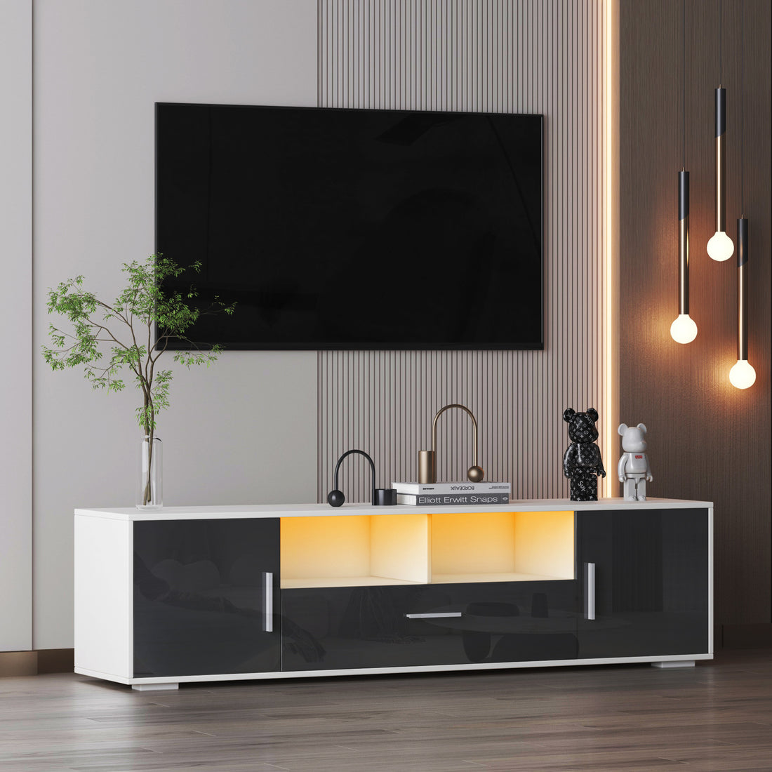 Fashiontv Stand,Tv Cabinet,Entertainment Center Tv Station,Tv Console,Console With Led Light Belt, Light Belt Can Be Remote Control,With Cabinets,Open Cells,For The Living Room,Bedroom,White Dark Gray Gray Primary Living Space 60 69 Inches 60 69 Inches