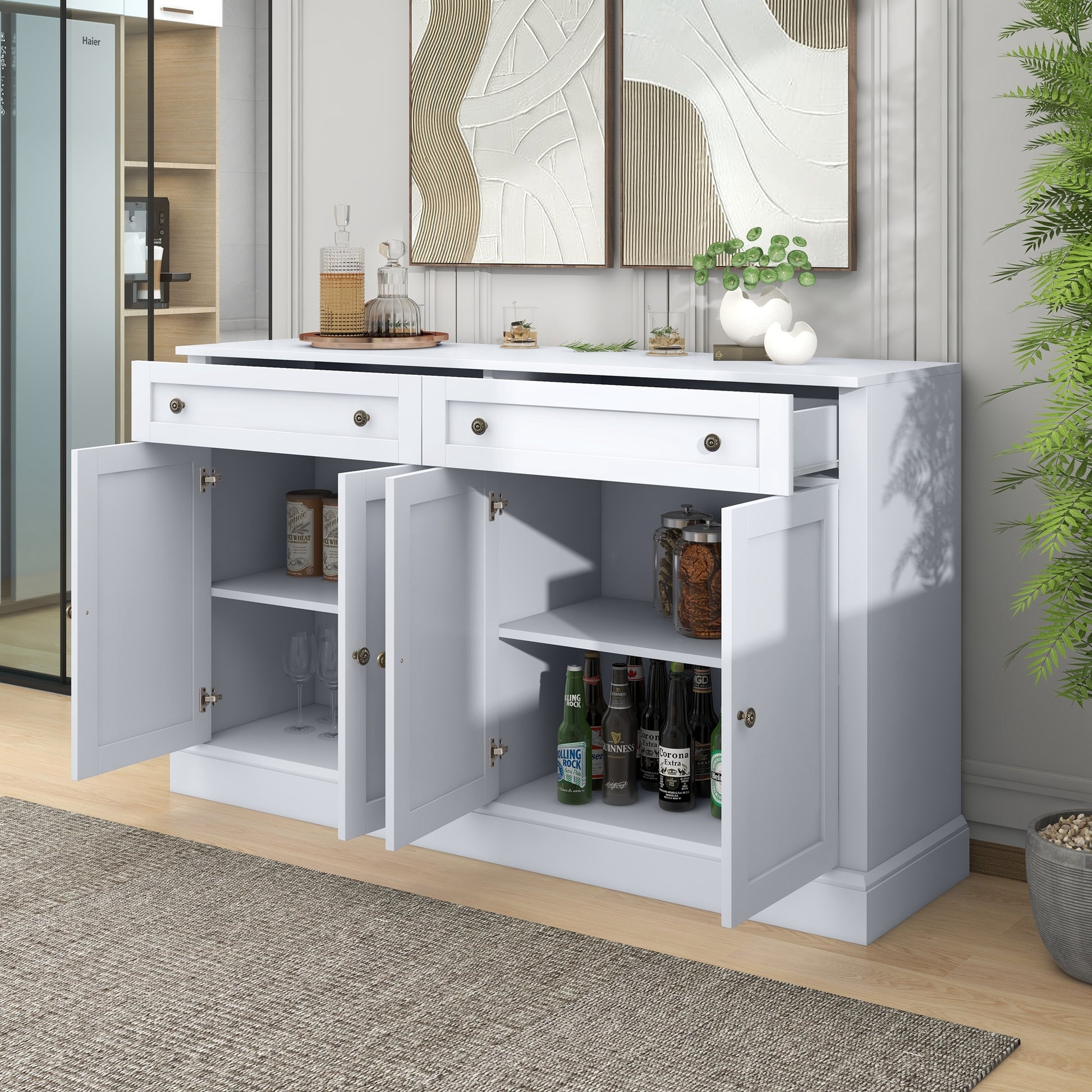 Kitchen Sideboard Storage Buffet Cabinet With 2 Drawers & 4 Doors Adjustable Shelves For Dining Room, Living Room White White Particle Board