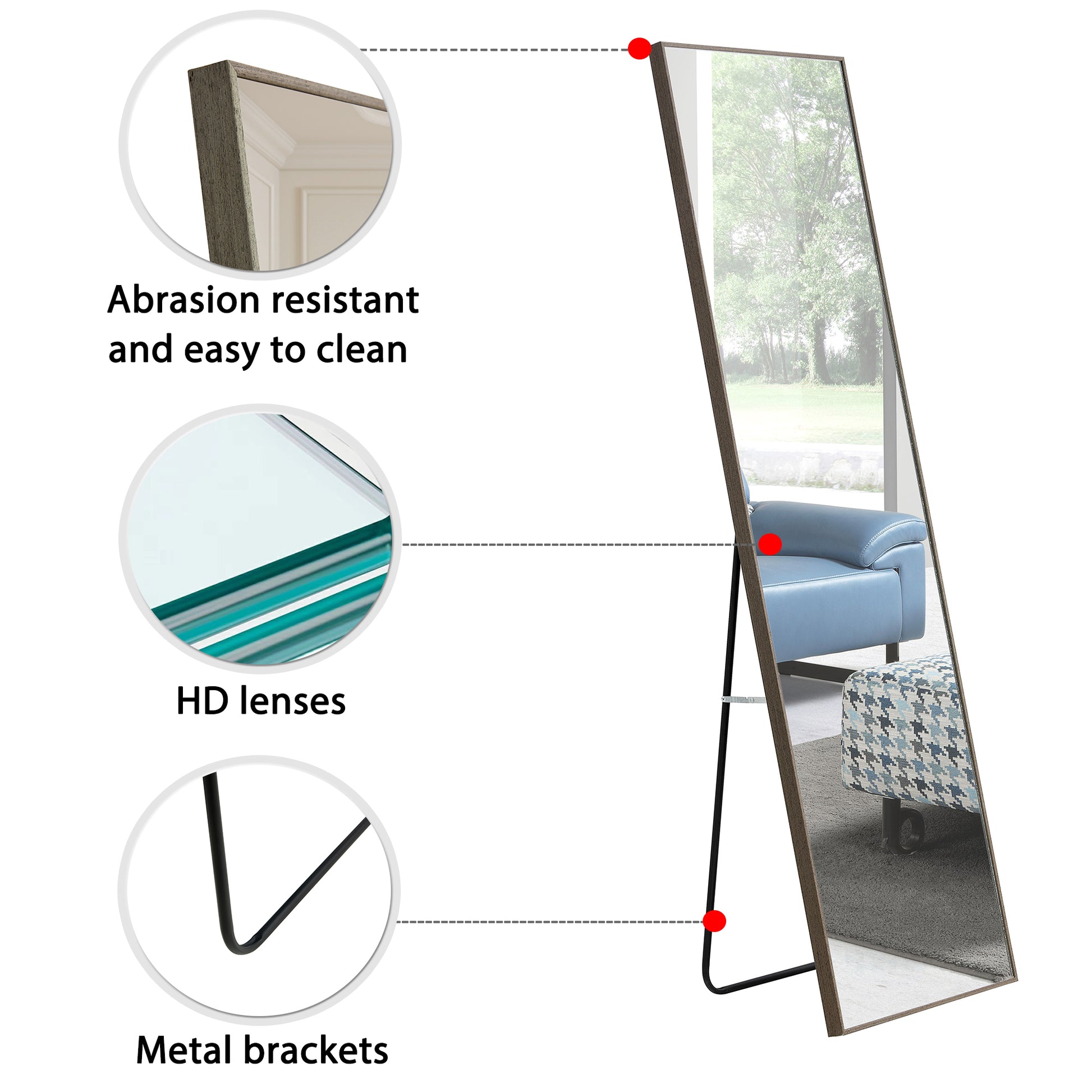 3Rd Generation Gray Solid Wood Frame Full Length Mirror, Dressing Mirror, Bedroom Porch, Decorative Mirror, Clothing Store, Floor Standing Large Mirror, Wall Mounted.60"*17" Gray Glass