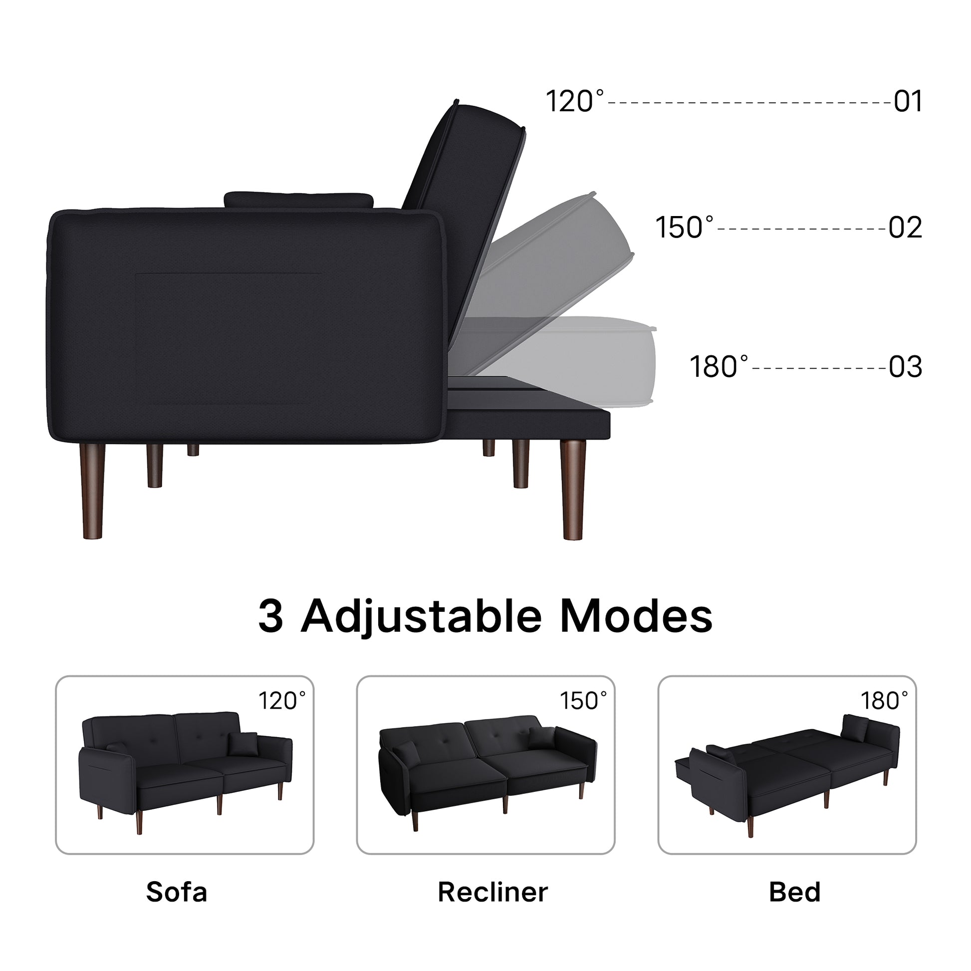 Convertible Sofa Bed With Wood Legs In Cotton Linen Fabric Black Black Foam Fabric