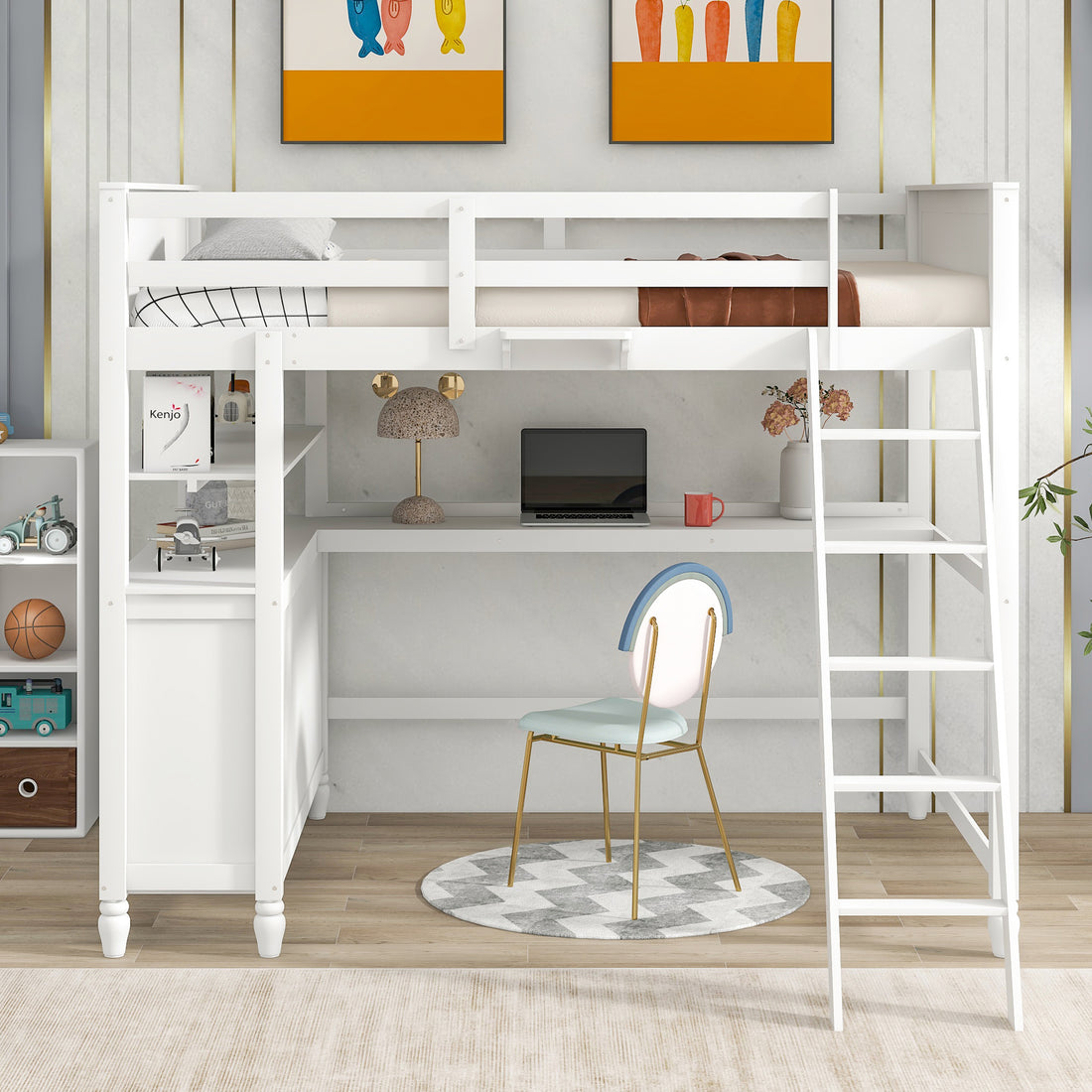 Full Size Loft Bed With Drawers And Desk, Wooden Loft Bed With Shelves White Old Sku:Lt001529Aak White Solid Wood