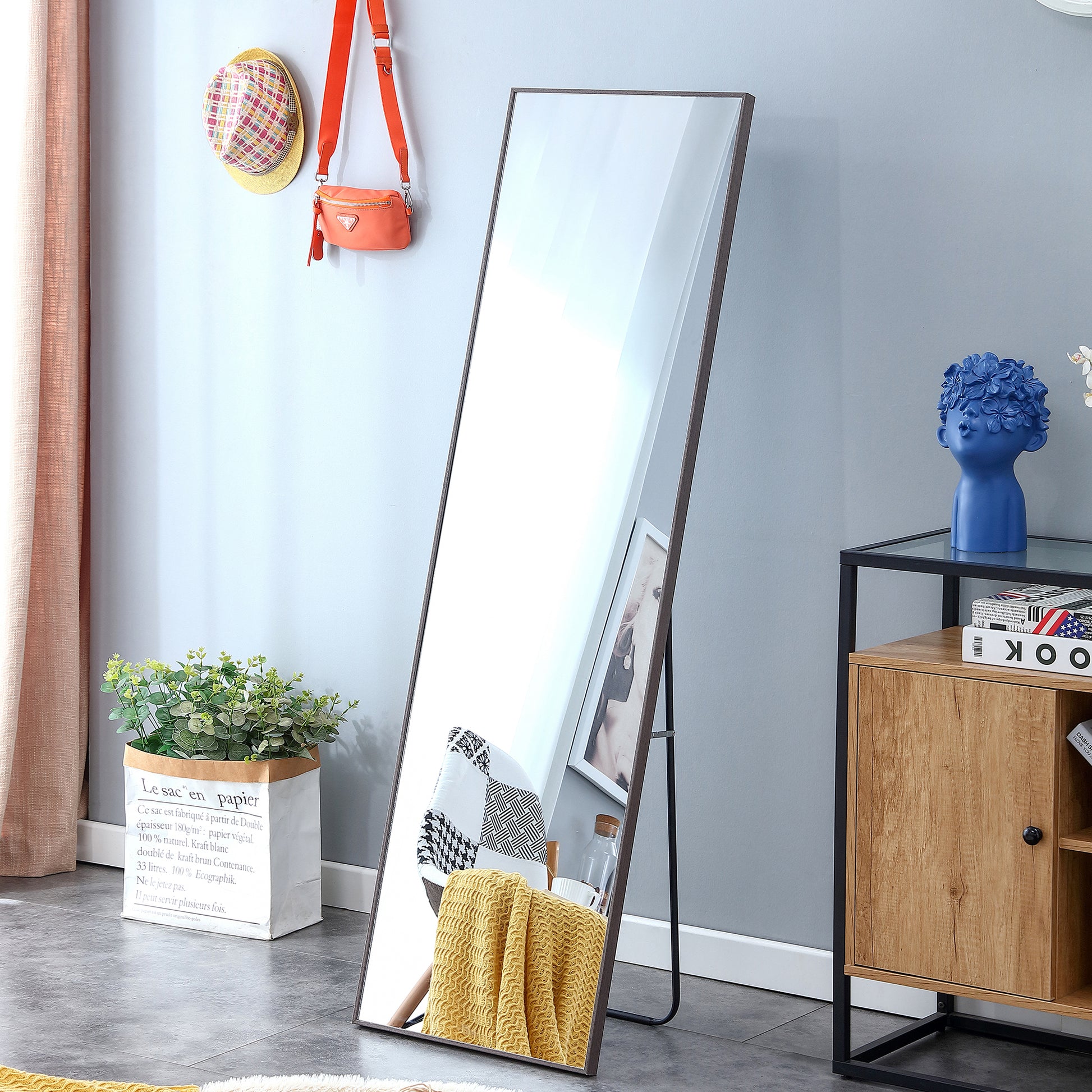 3Rd Generation Gray Solid Wood Frame Full Length Mirror, Dressing Mirror, Bedroom Porch, Decorative Mirror, Clothing Store, Floor Standing Large Mirror, Wall Mounted.60"*17" Gray Glass