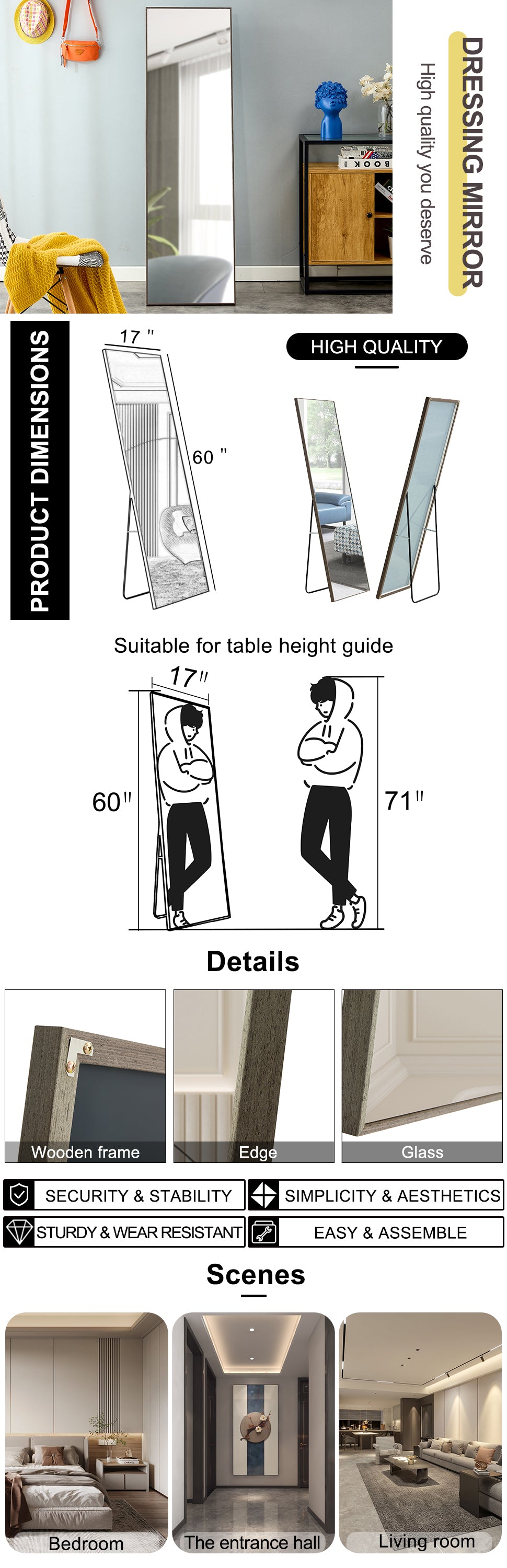 3Rd Generation Gray Solid Wood Frame Full Length Mirror, Dressing Mirror, Bedroom Porch, Decorative Mirror, Clothing Store, Floor Standing Large Mirror, Wall Mounted.60"*17" Gray Glass