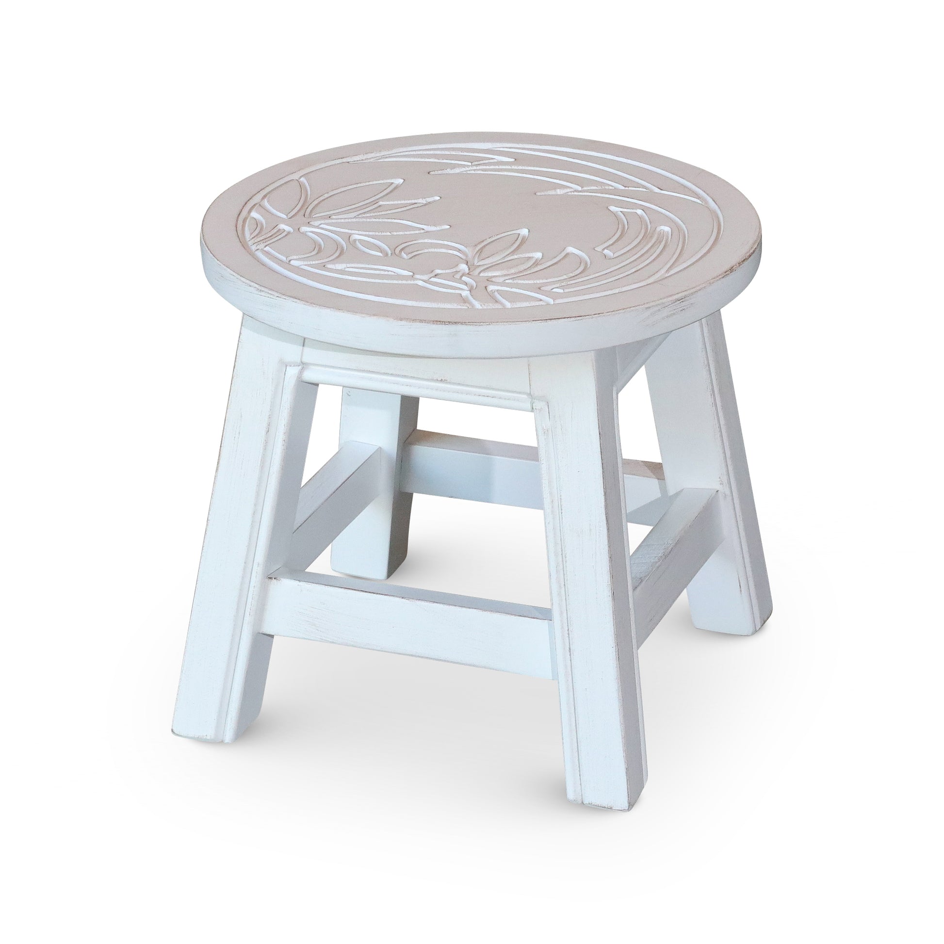 Carved Wooden Step Stool, Floral, Antique White Antique White Rubber Wood