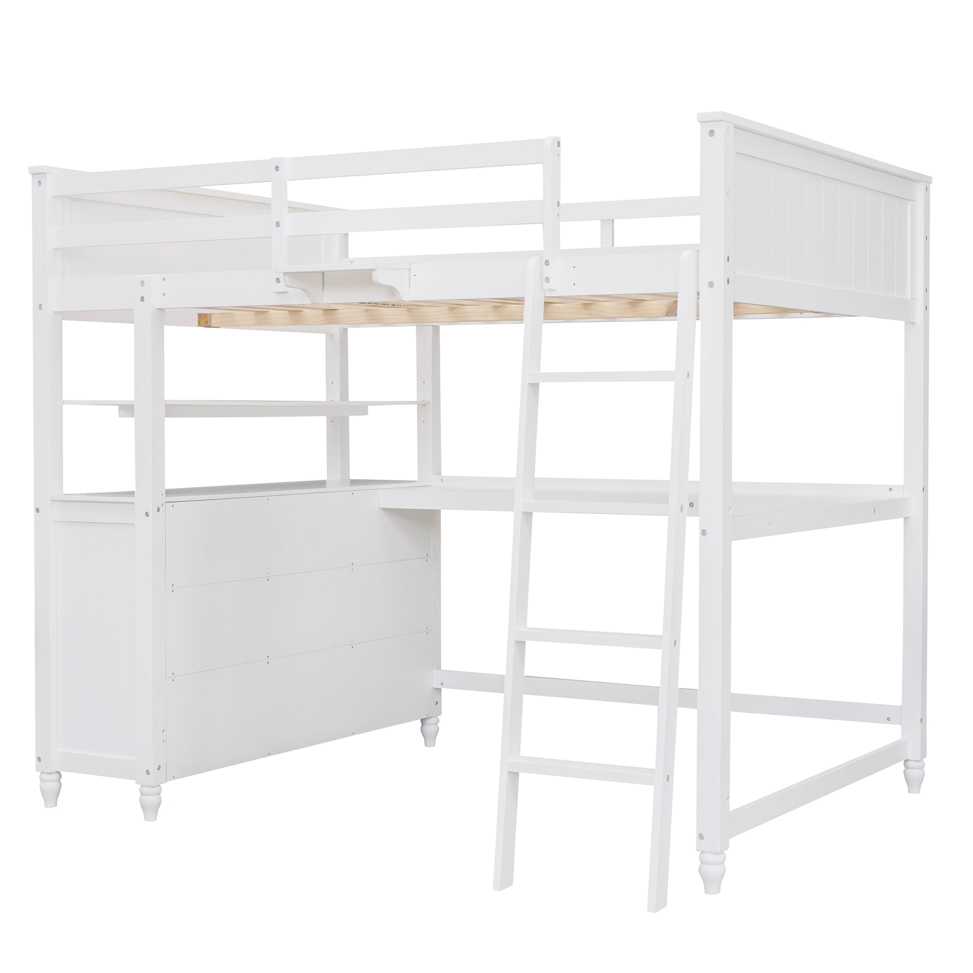 Full Size Loft Bed With Drawers And Desk, Wooden Loft Bed With Shelves White Old Sku:Lt001529Aak White Solid Wood