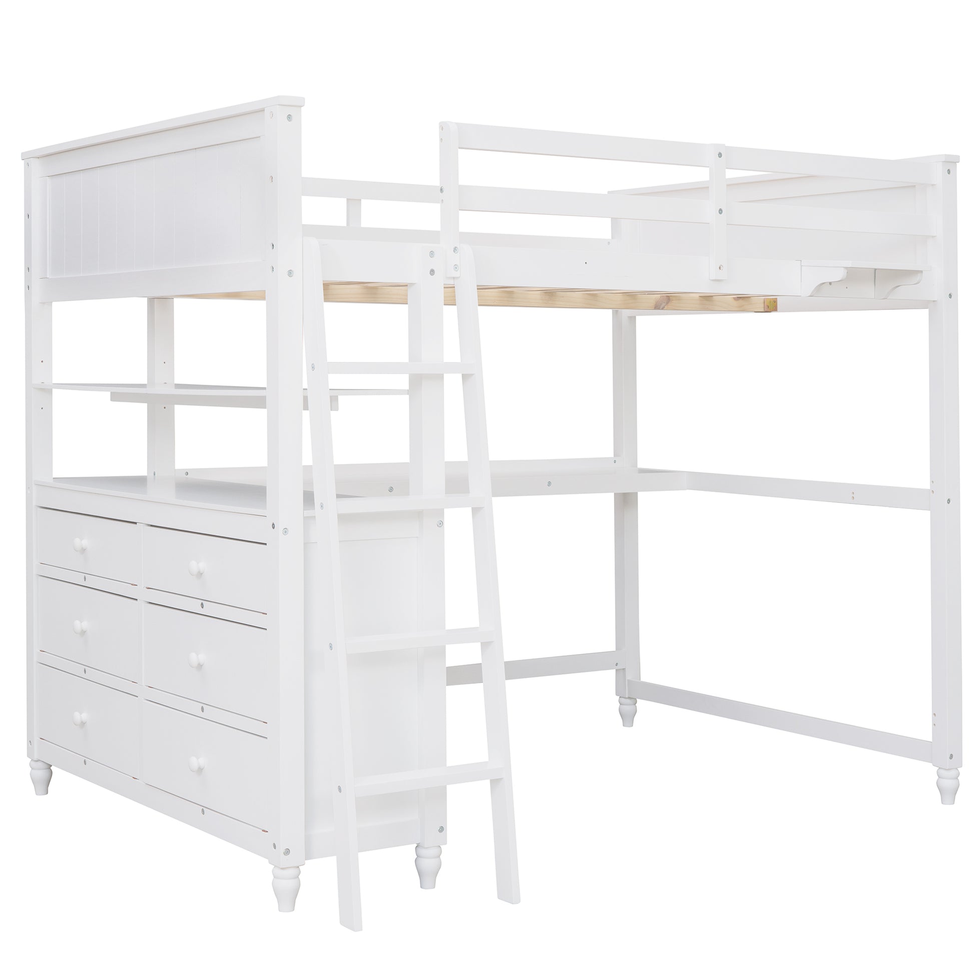 Full Size Loft Bed With Drawers And Desk, Wooden Loft Bed With Shelves White Old Sku:Lt001529Aak White Solid Wood