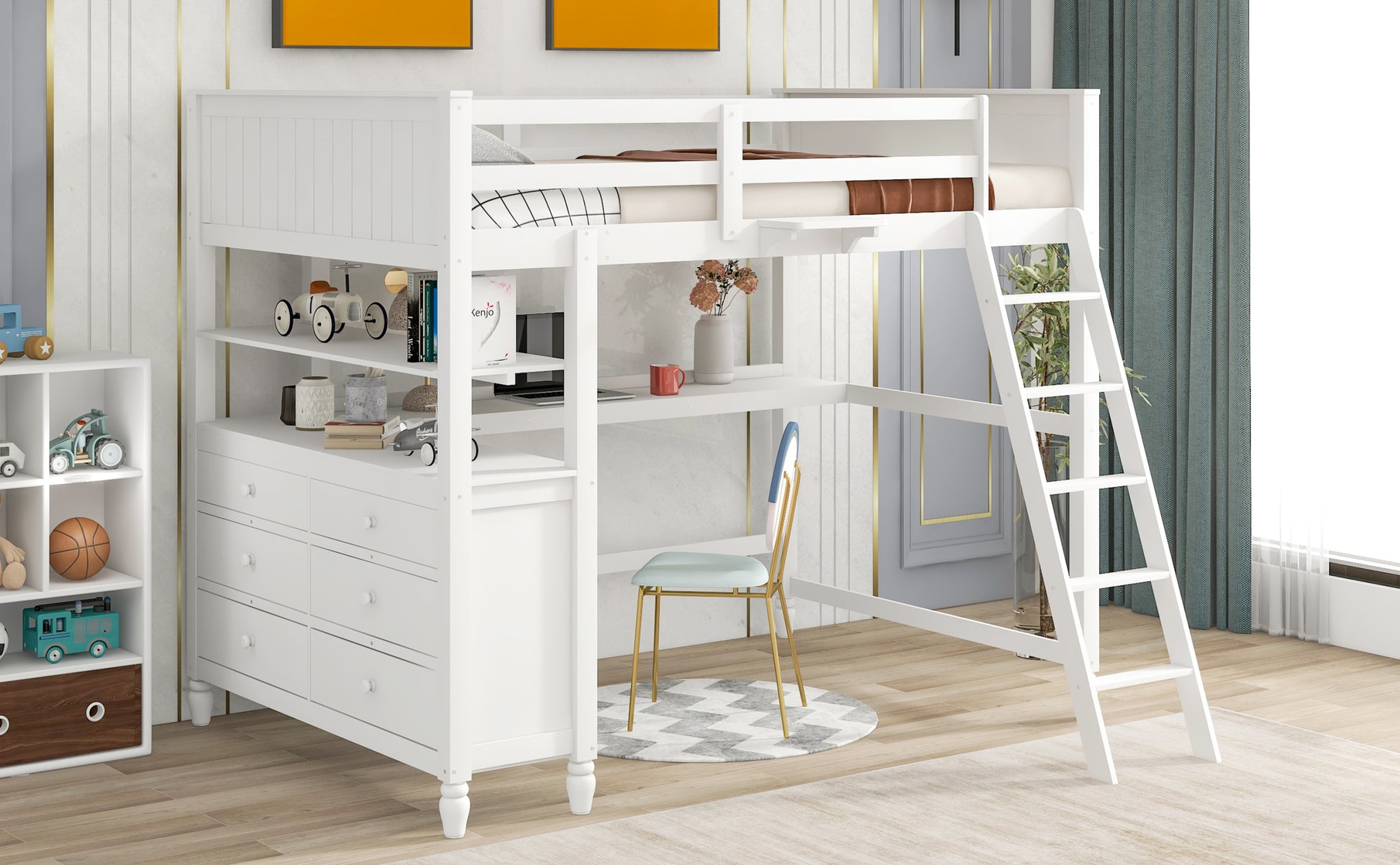 Full Size Loft Bed With Drawers And Desk, Wooden Loft Bed With Shelves White Old Sku:Lt001529Aak White Solid Wood