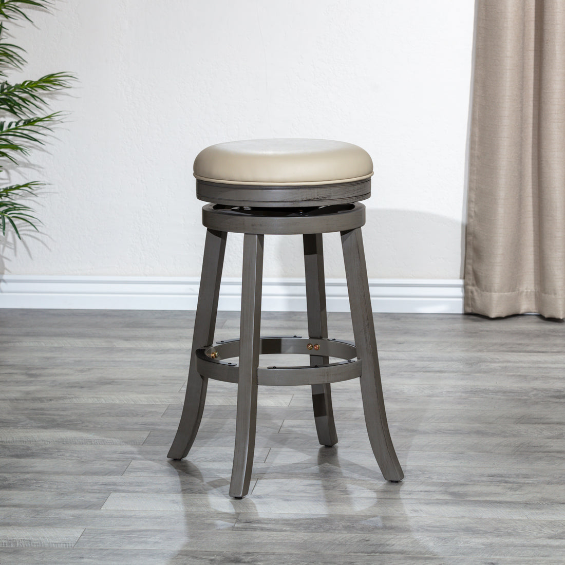 30" Bar Stool, Weathered Gray Finish, French Gray Leather Seat Gray Bonded Leather