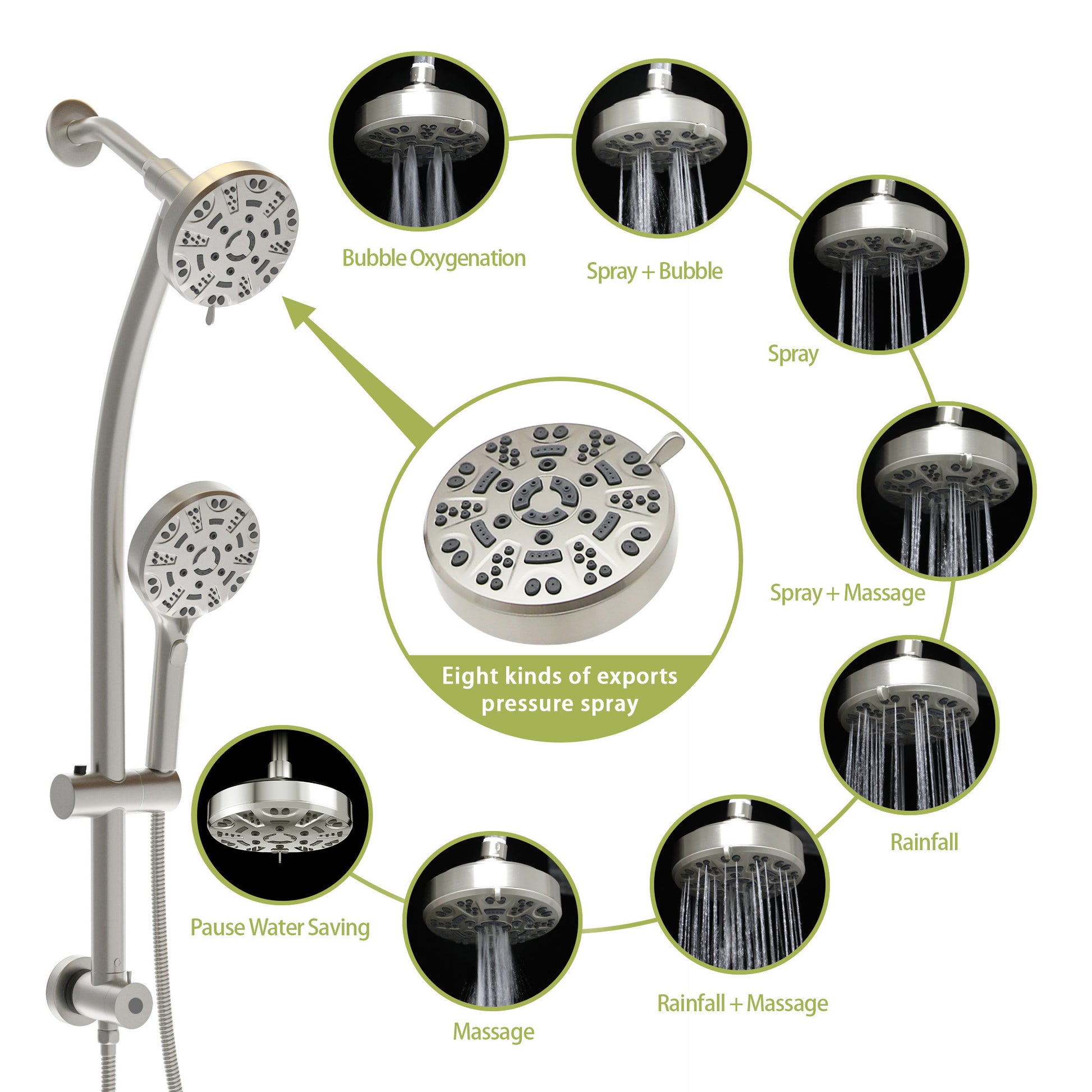 Multi Function Dual Shower Head Shower System With 4.7" Rain Showerhead, 8 Function Hand Shower, Adjustable Slide Bar,Brushed Nickel Brushed Nickel Plastic