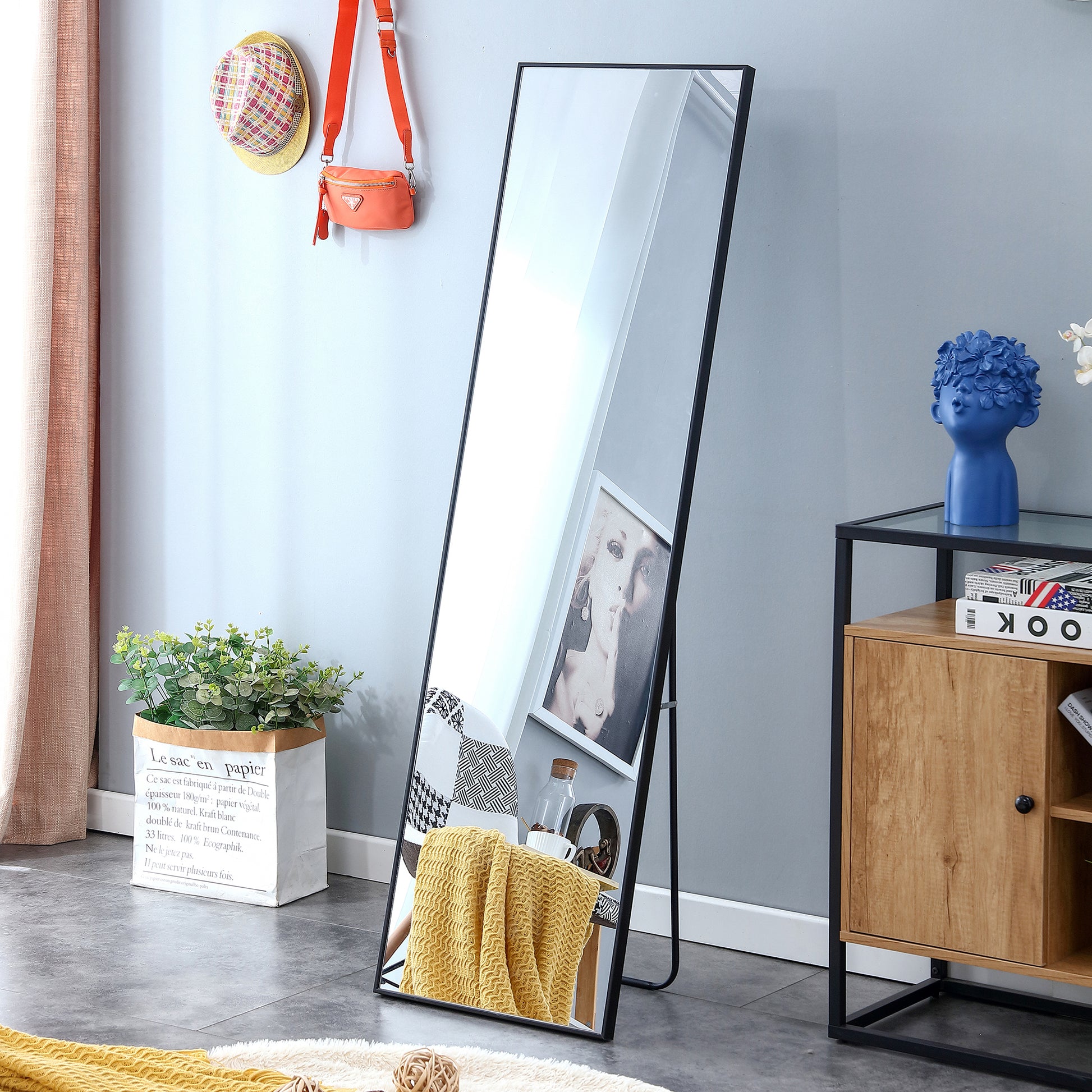 3Rd Generation Black Solid Wood Frame Full Length Mirror, Dressing Mirror, Bedroom Porch, Decorative Mirror, Clothing Store, Floor Mounted Large Mirror, Wall Mounted. 60 "* 17" W115155941 Black