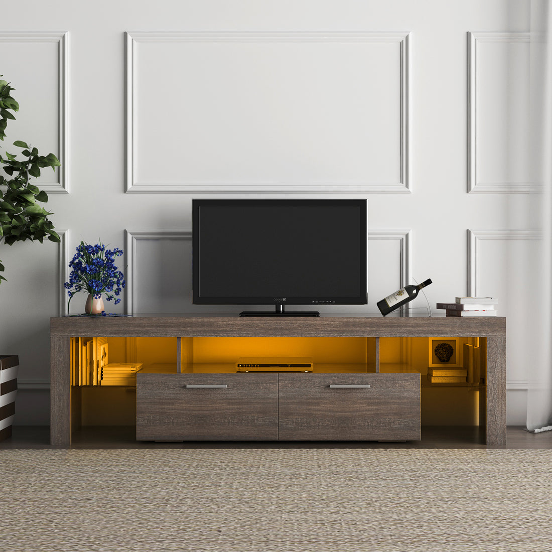 Fashiontvstandtvcabinet,Entertainmentcenter,Tvstationtv Console,Media Console,With Ledlight Belt,Light Belt Remote Control,Toughenedglassshelf,Metal Handle,Canbeplaced In The Living Room,Bedroom,Brown Brown Primary Living Space 60 69 Inches Foam Particle