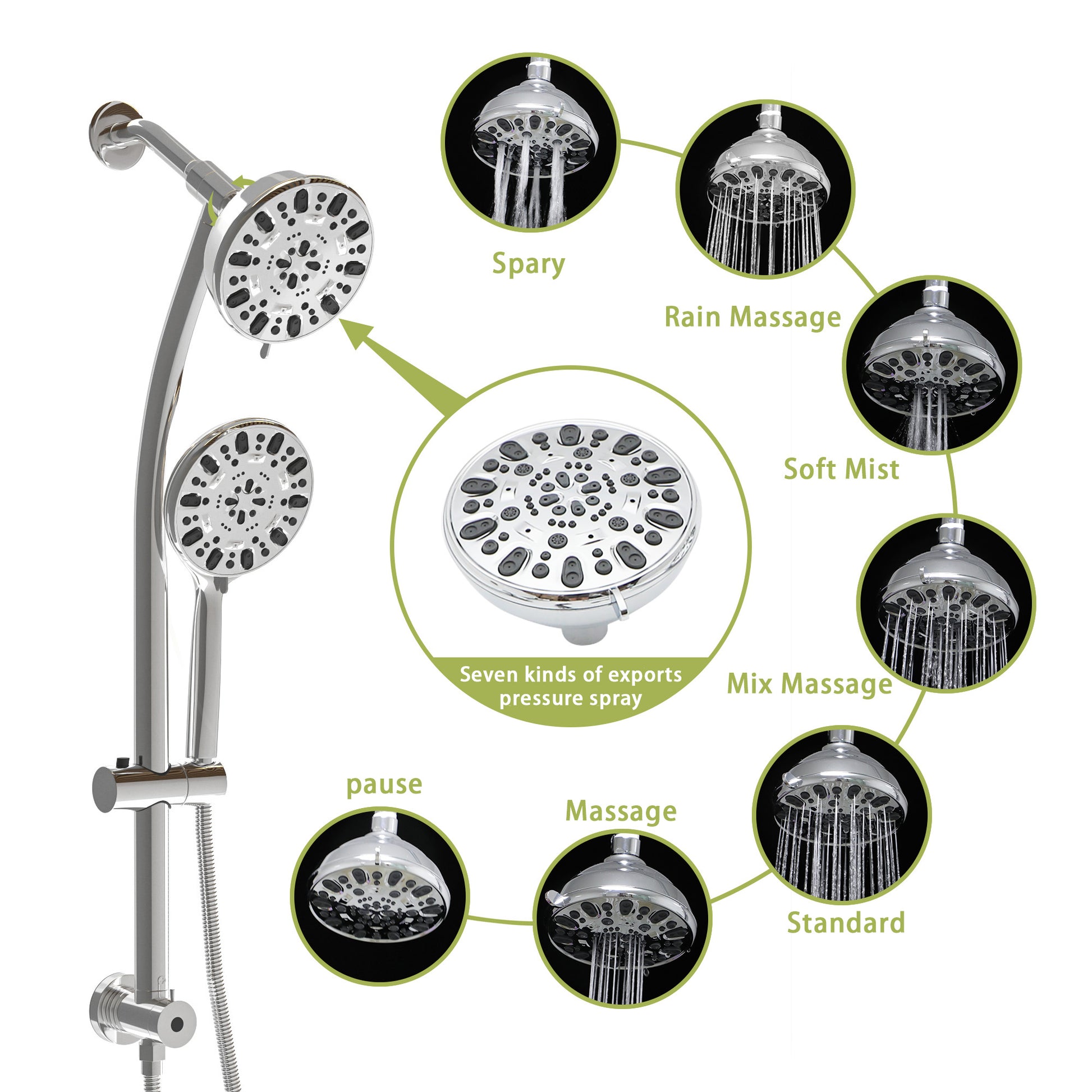 Multi Function Dual Shower Head Shower System With 4.7" Rain Showerhead, 7 Function Hand Shower, Adjustable Slide Bar,Chrome Chrome Plastic