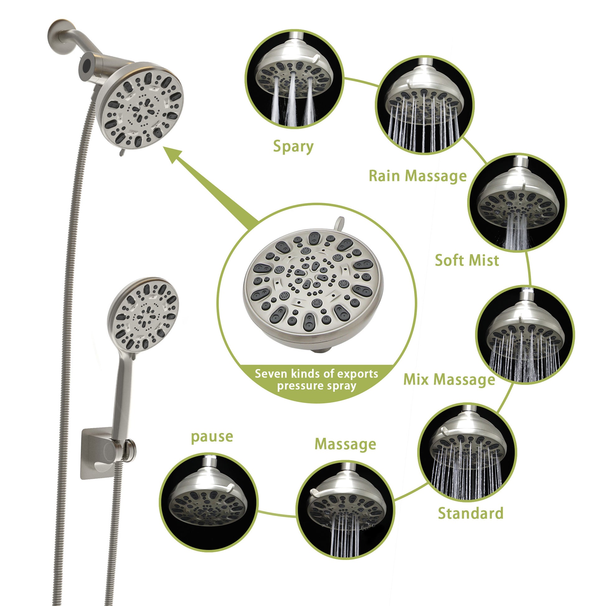 Multi Function Dual Shower Head Shower System With 4.7" Rain Showerhead, 7 Function Hand Shower, Brushed Nickel Brushed Nickel Plastic