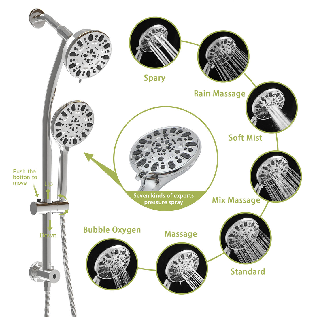 Multi Function Dual Shower Head Shower System With 4.7" Rain Showerhead, 7 Function Hand Shower, Adjustable Slide Bar,Chrome Chrome Plastic