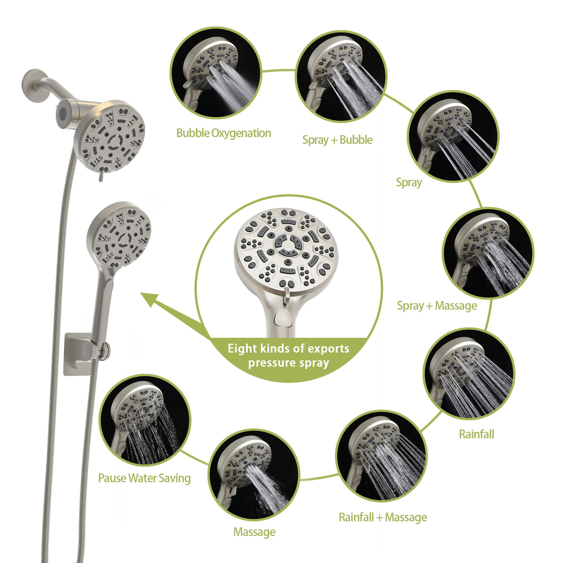 Multi Function Dual Shower Head Shower System With 4.7" Rain Showerhead, 8 Function Hand Shower, Brushed Nickel Brushed Nickel Plastic