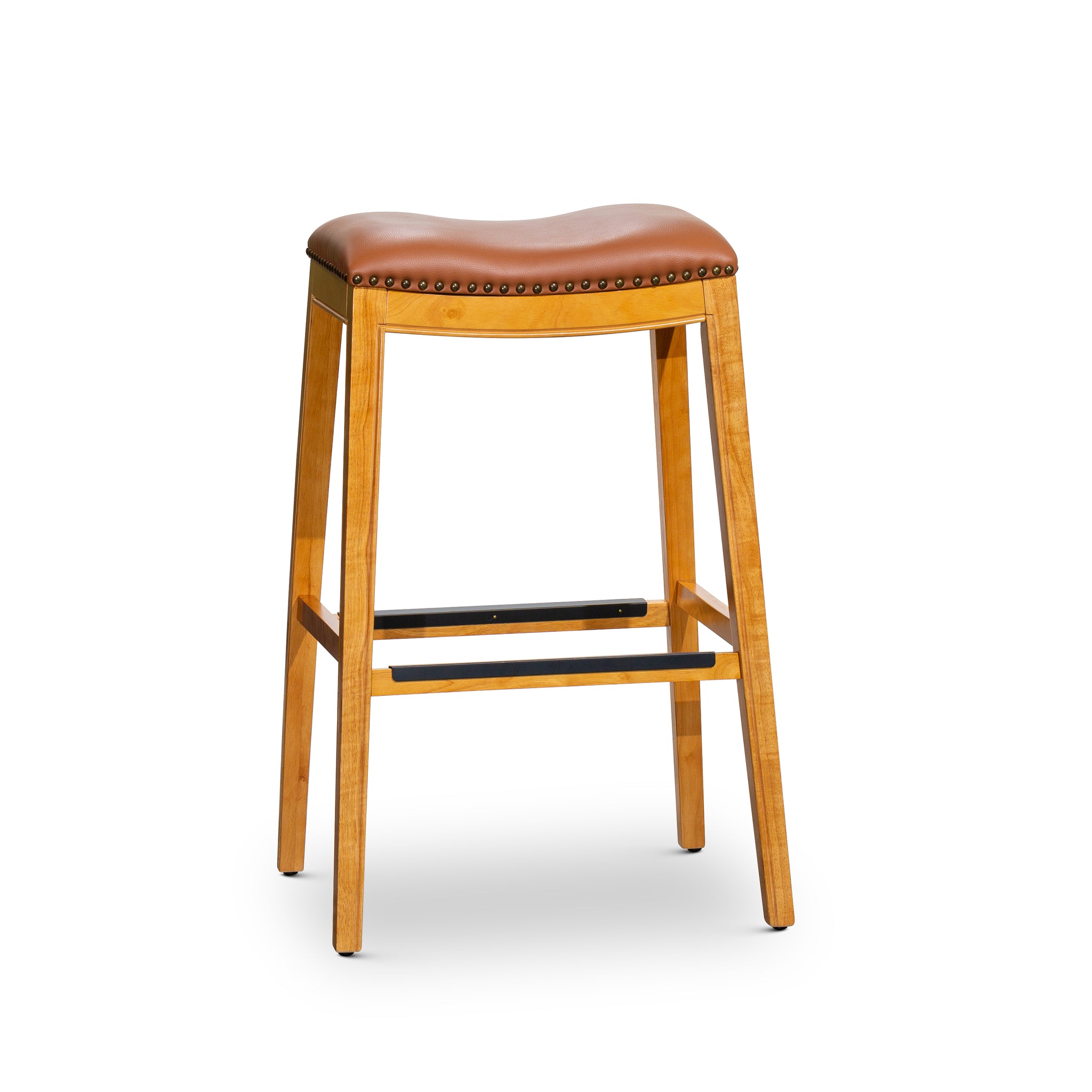 30" Bar Stool, Natural Finish, Saddle Leather Seat Natural Bonded Leather