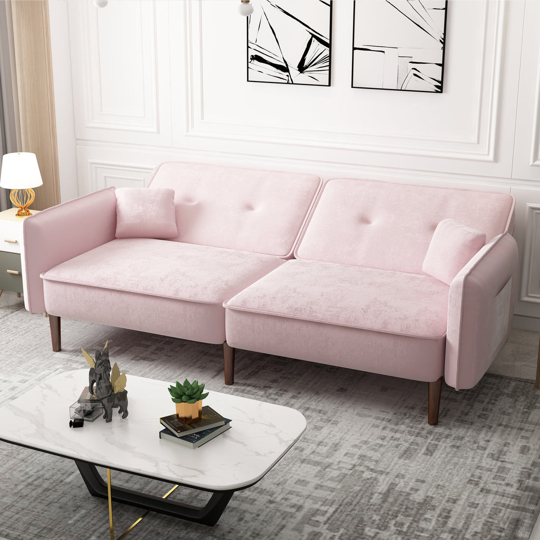 Convertible Sofa Bed With Wood Legs In Velvet Pink Pink Foam Velvet