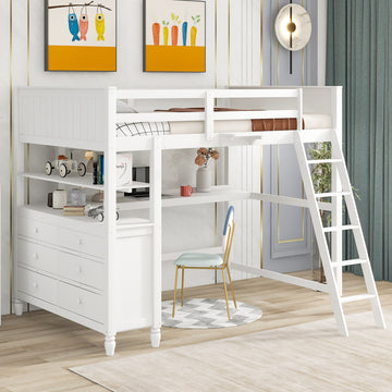 Full Size Loft Bed With Drawers And Desk, Wooden Loft Bed With Shelves White Old Sku:Lt001529Aak White Solid Wood