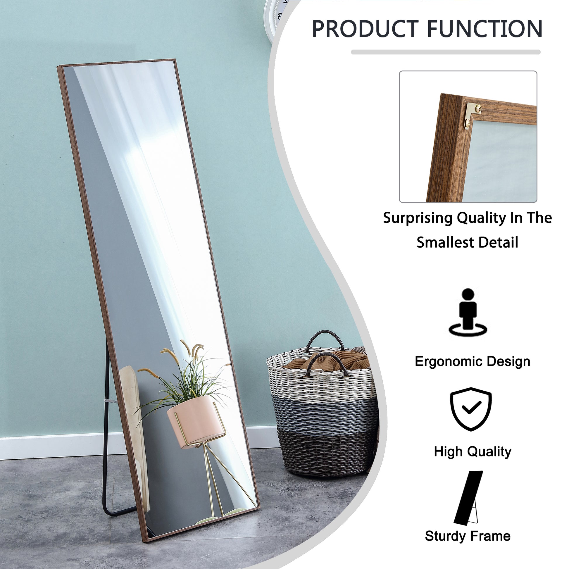 Brown Solid Wood Frame Full Length Mirror, Dressing Mirror, Bedroom Home Porch, Decorative Mirror, Clothing Store, Floor Mounted Large Mirror, Wall Mounted.60"*17" Brown Glass
