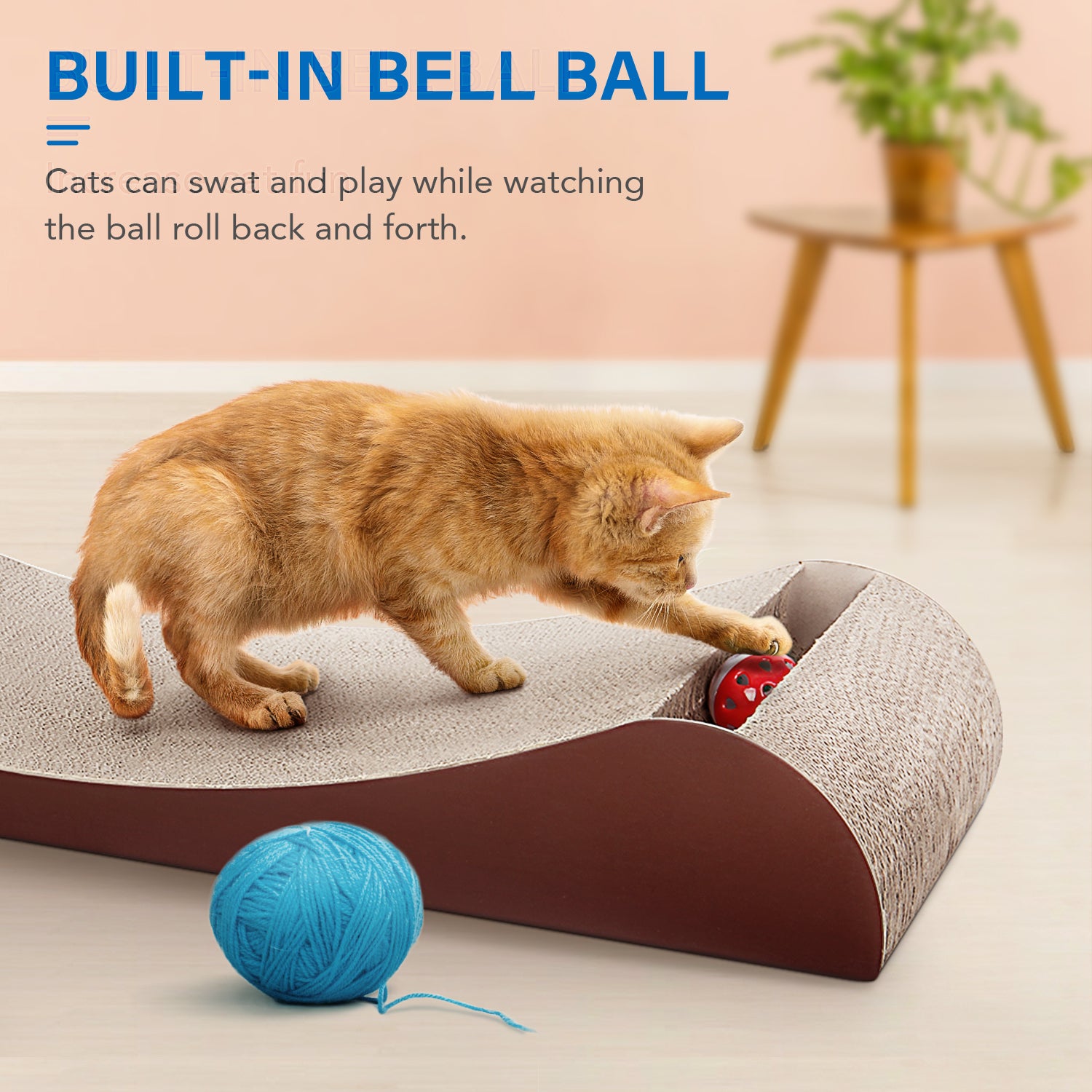 Scratchme Cat Scratcher Cardboard Lounge Bed With Bell Ball Toy Brown Solid Wood