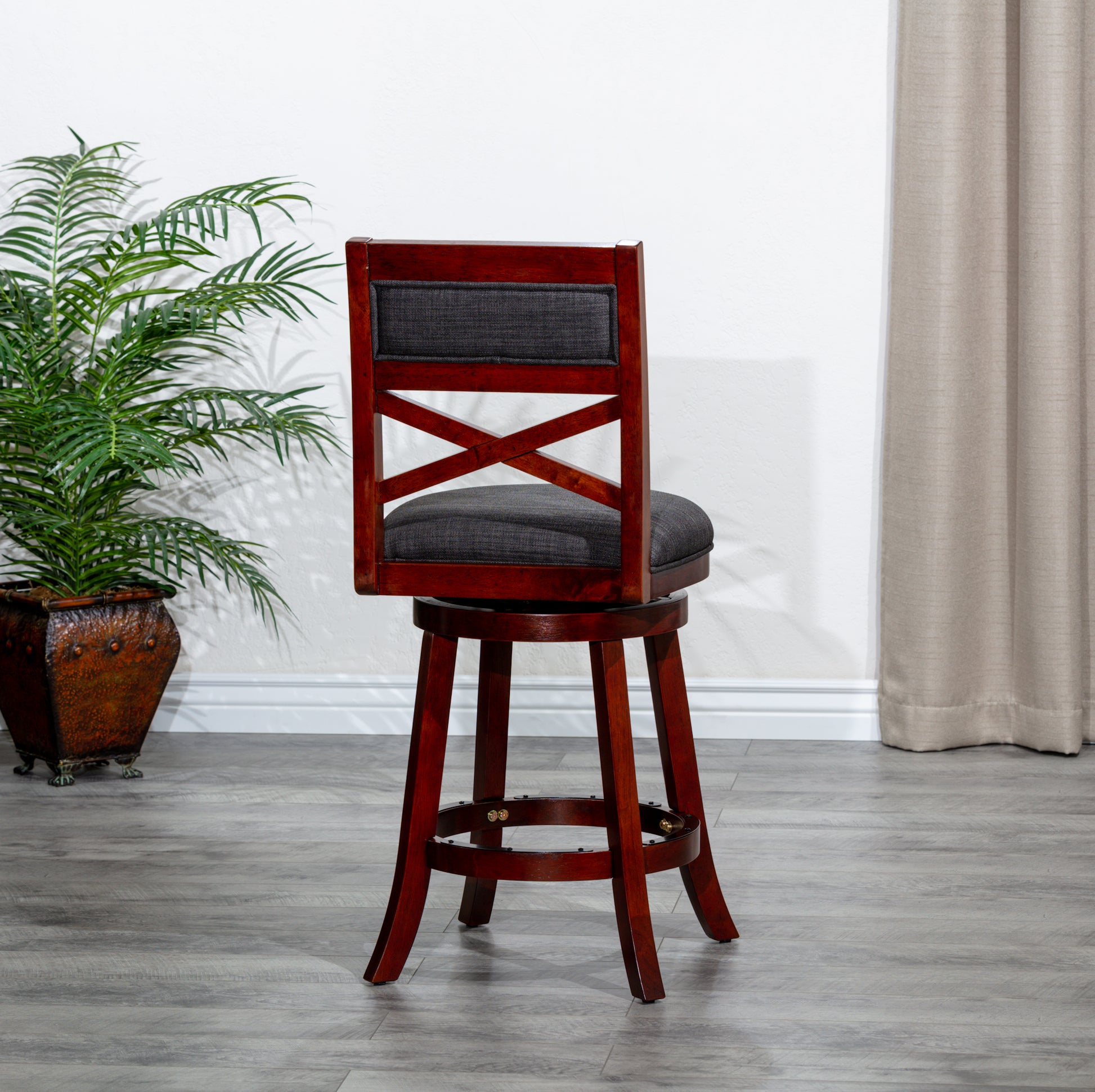 24" Counter Height X Back Swivel Stool, Cherry Finish, Charcoal Fabric Seat Cherry Fabric