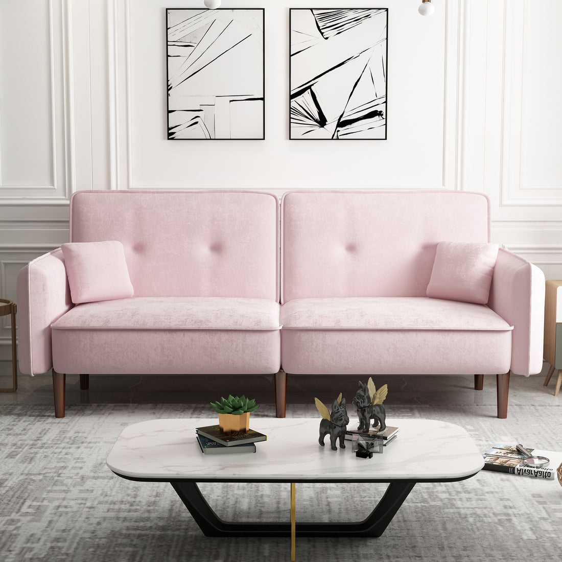 Convertible Sofa Bed With Wood Legs In Velvet Pink Pink Foam Velvet