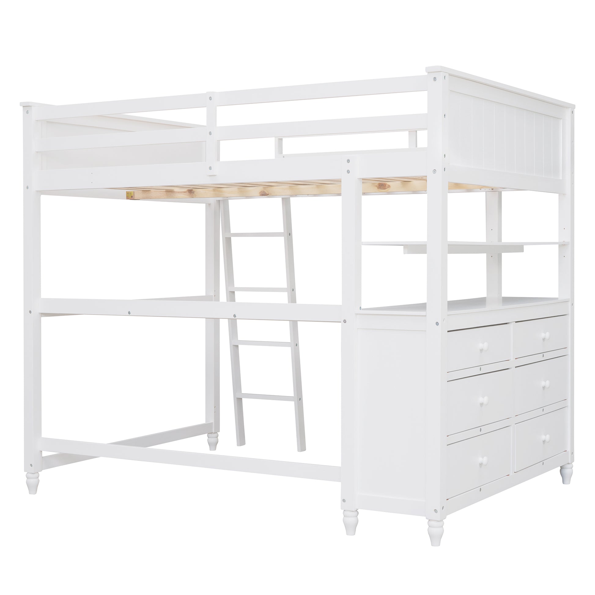 Full Size Loft Bed With Drawers And Desk, Wooden Loft Bed With Shelves White Old Sku:Lt001529Aak White Solid Wood