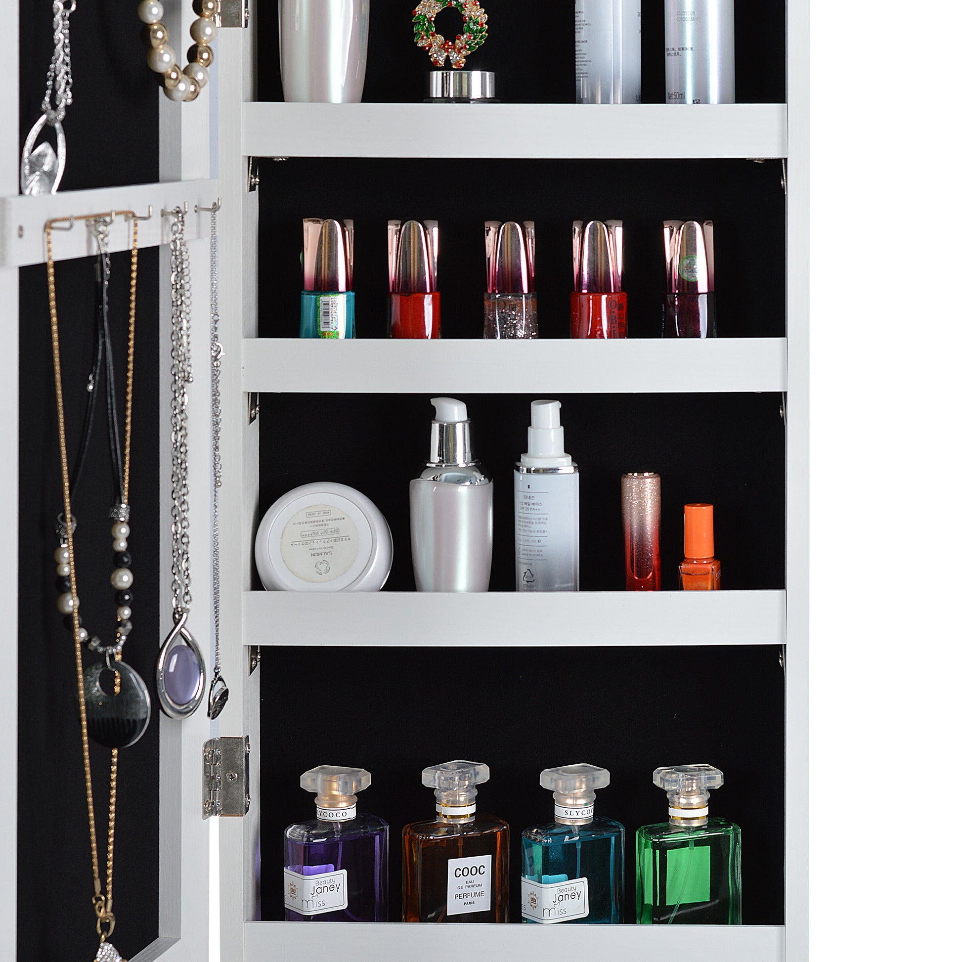 Full Mirror Fashion Simple Jewelry Storage Cabinet With Led Light Can Be Hung On The Door Or Wall White Mdf Mdf