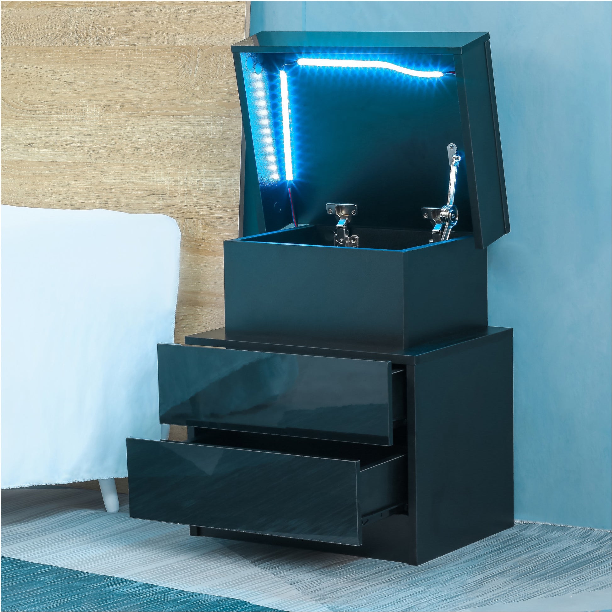 Led Nightstand Modern Black Nightstand With Led Lights Wood Led Bedside Table Nightstand With 2 High Gloss Drawers For Bedroom Standard 1 2 Drawers Black Bedroom Drawers Included American Design,American Traditional,Antique,Art Deco,Artsy Abs Pc Particle