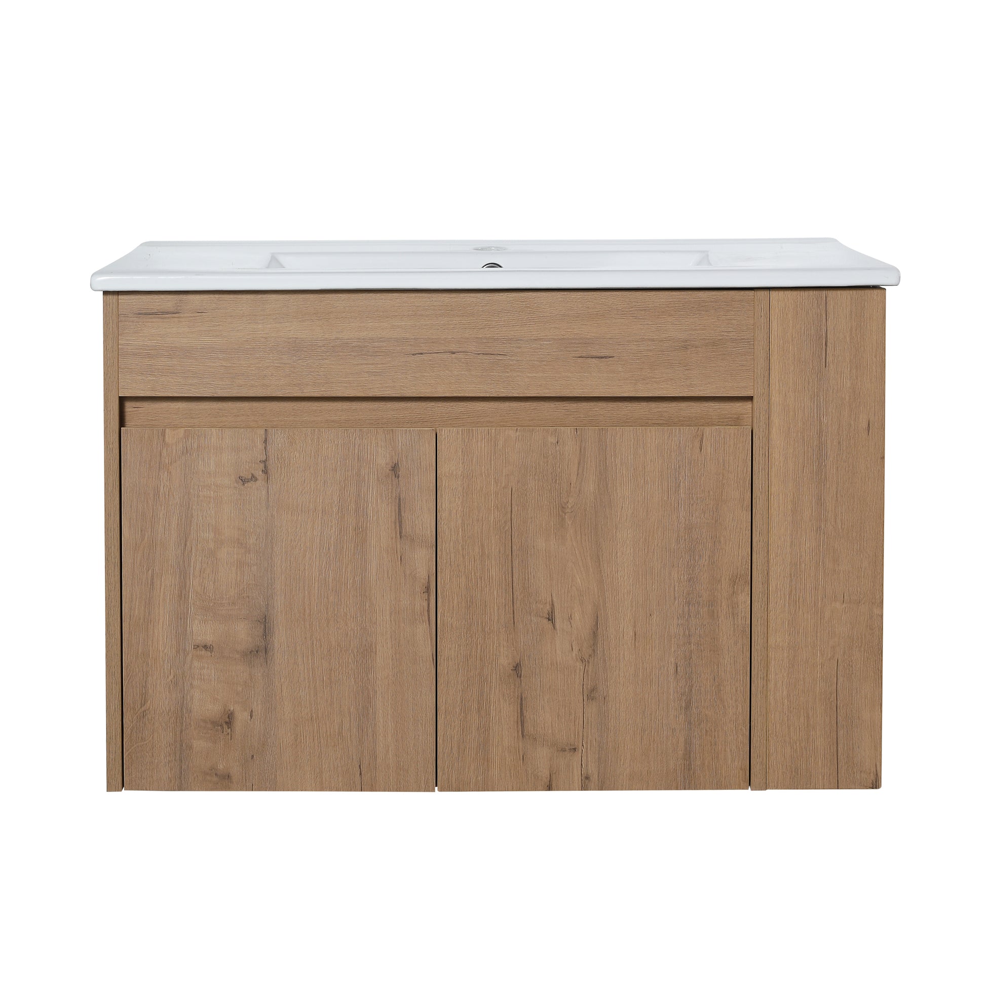 30 Inch Bathroom Vanity With White Ceramic Basin And Adjust Open Shelf Kd Packing Imitative Oak Plywood