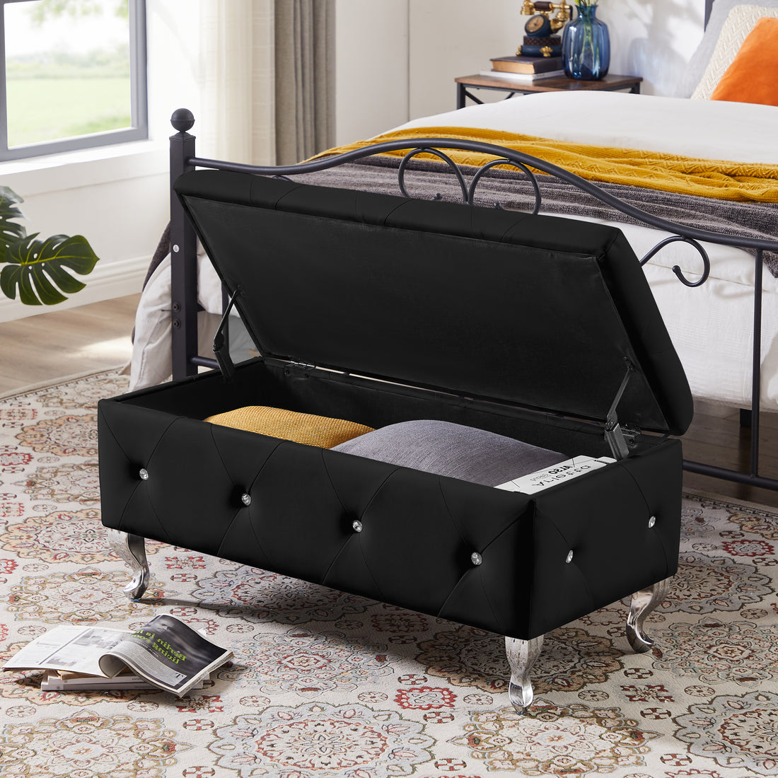 Storage Bench, Flip Top Entryway Bench Seat With Safety Hinge, Storage Chest With Padded Seat, Bed End Stool For Hallway Living Room Bedroom, Supports 250 Lb,Bluck Pu Black Pu