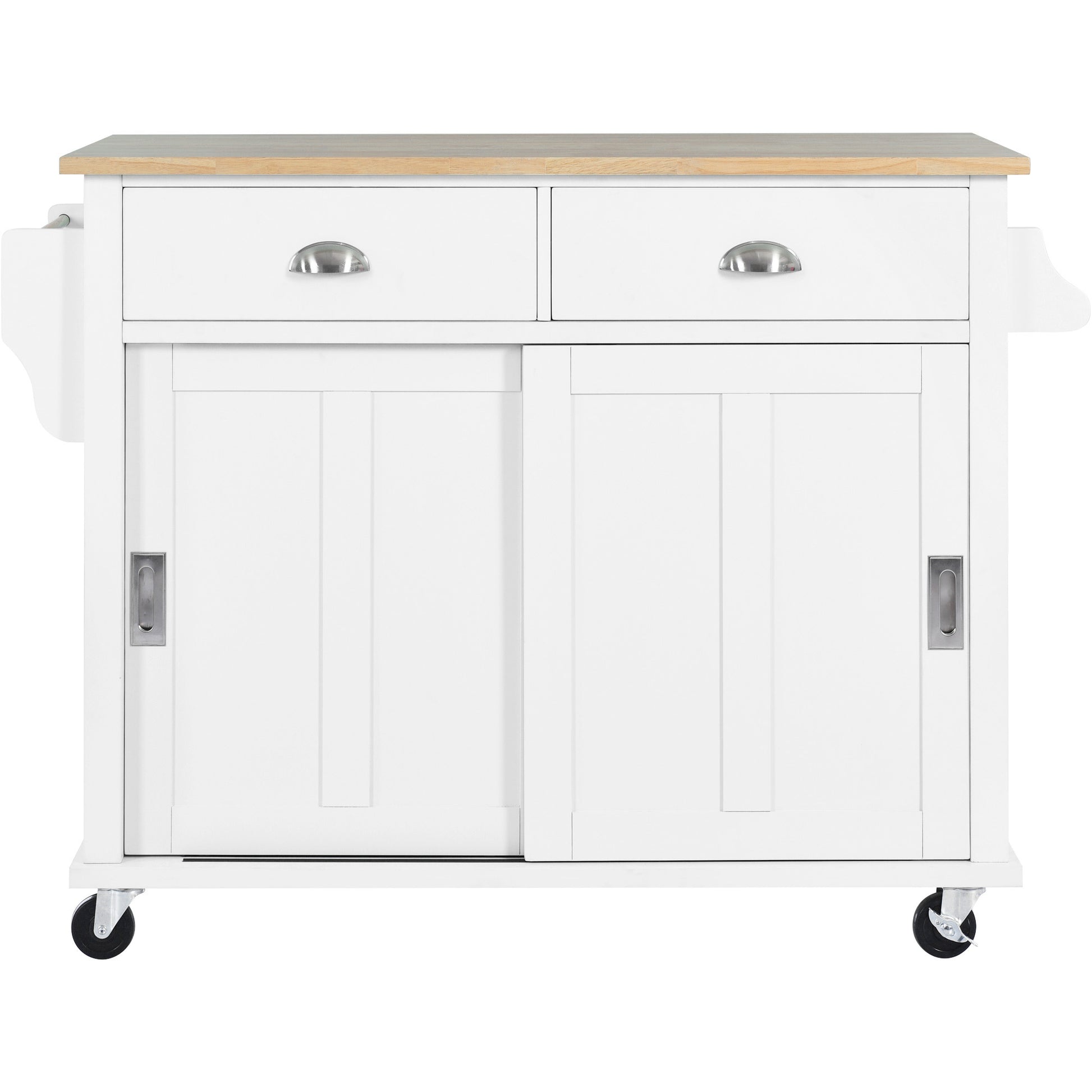 Kitchen Cart With Rubber Wood Drop Leaf Countertop, Concealed Sliding Barn Door Adjustable Height,Kitchen Island On 4 Wheels With Storage Cabinet And 2 Drawers,L52.2Xw30.5Xh36.6 Inch, White White Mdf