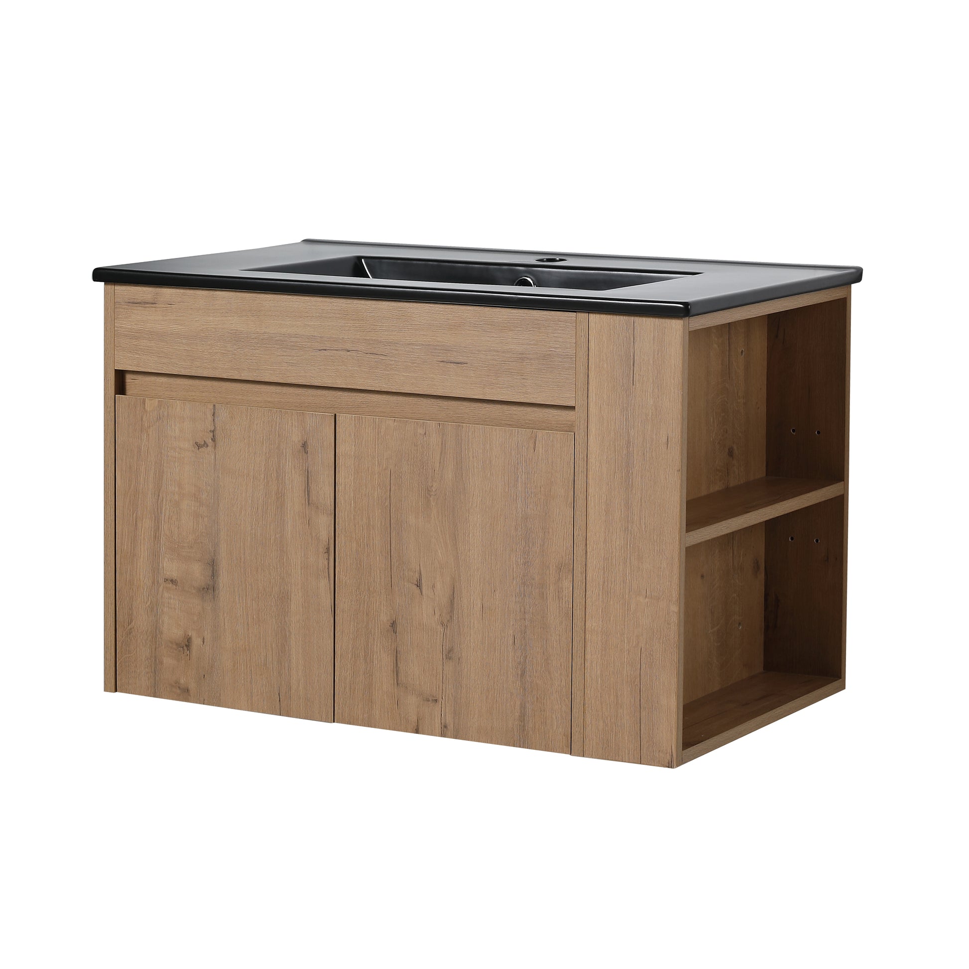 30 Inch Bathroom Vanity With Black Ceramic Basin And Adjust Open Shelf Kd Packing Imitative Oak Plywood