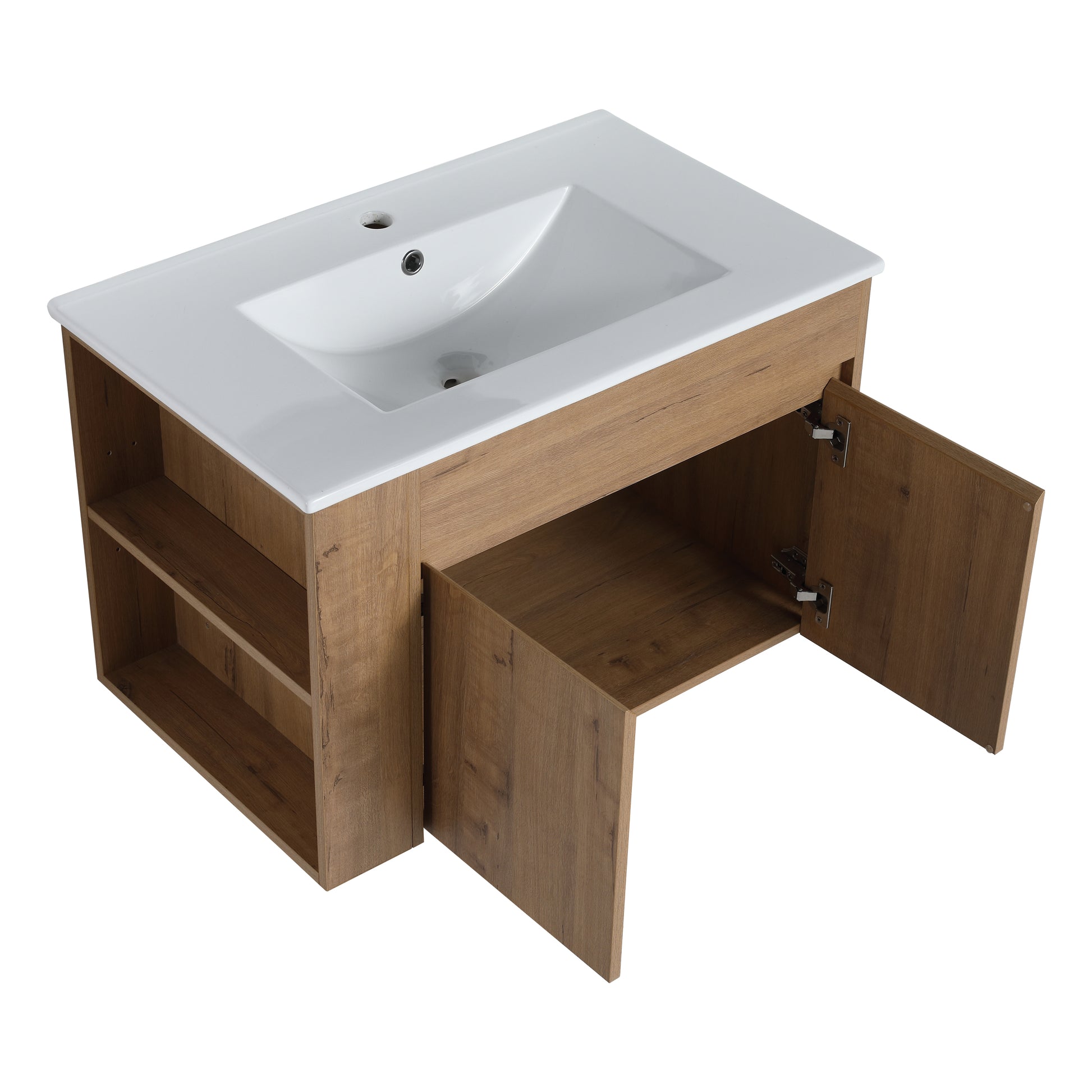 30 Inch Bathroom Vanity With White Ceramic Basin And Adjust Open Shelf Kd Packing Imitative Oak Plywood