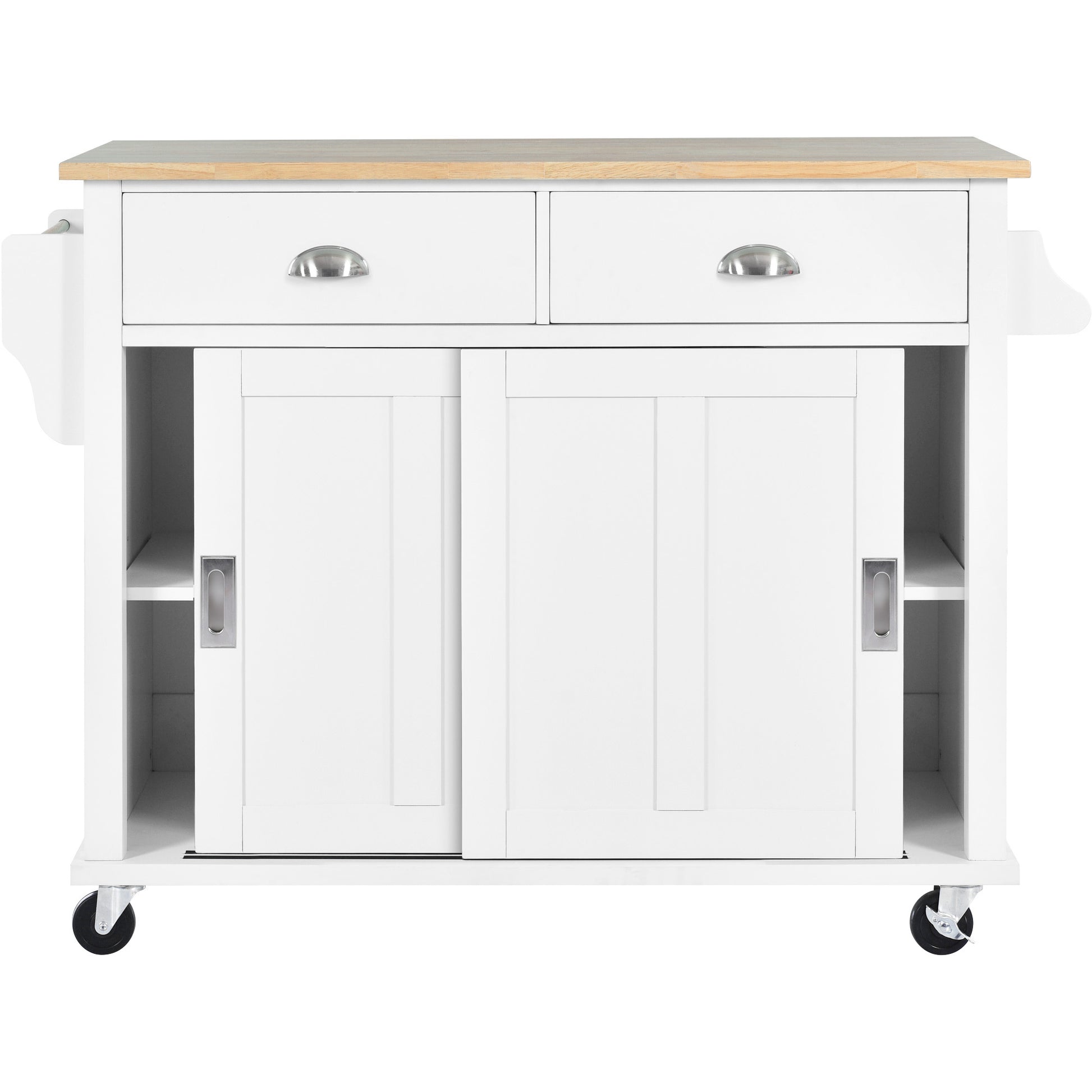 Kitchen Cart With Rubber Wood Drop Leaf Countertop, Concealed Sliding Barn Door Adjustable Height,Kitchen Island On 4 Wheels With Storage Cabinet And 2 Drawers,L52.2Xw30.5Xh36.6 Inch, White White Mdf