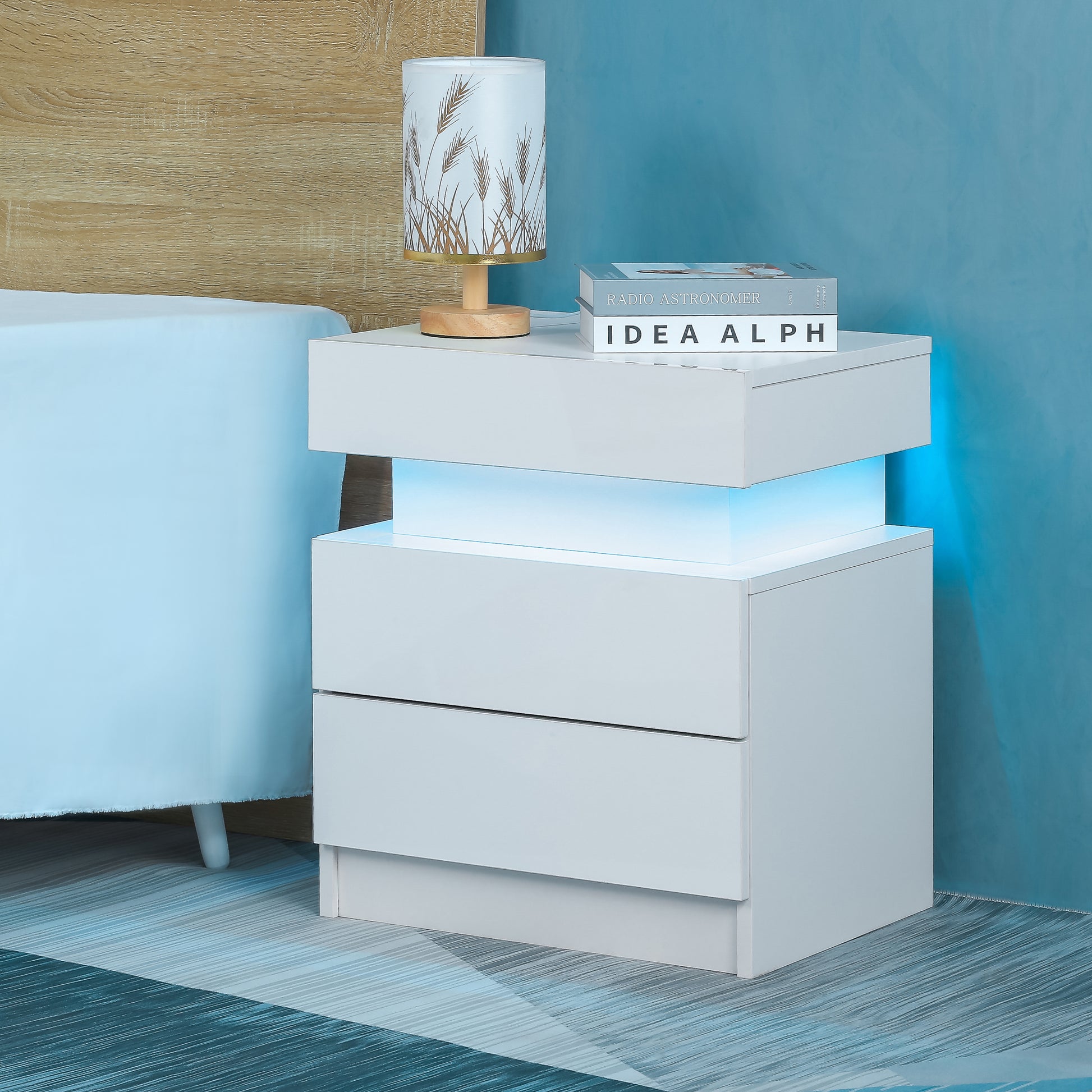 Led Nightstand Modern White Nightstand With Led Lights Wood Led Bedside Table Nightstand With 2 High Gloss Drawers For Bedroom White Abs Pc Particle Board