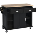 Kitchen Cart With Rubber Wood Drop Leaf Countertop, Concealed Sliding Barn Door Adjustable Height,Kitchen Island On 4 Wheels With Storage Cabinet And 2 Drawers,L52.2Xw30.5Xh36.6 Inch, Black Black Mdf